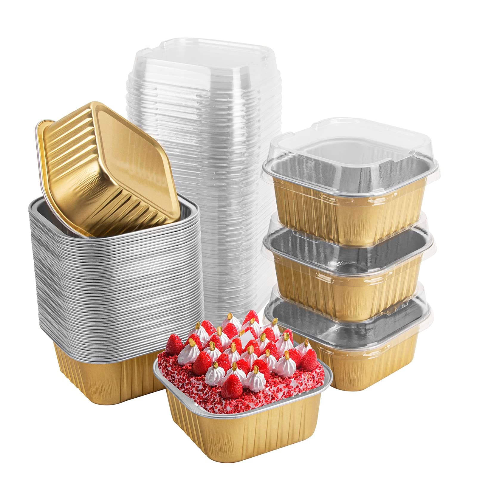 50 Pcs Mini Square Baking Cups with Lids,5oz Aluminum Foil Mini Cake Pans with Lids,Disposable Ramekins Cake Pans,150ml Dessert Cups Cupcake Pans for Wedding Birthday Party,Gold