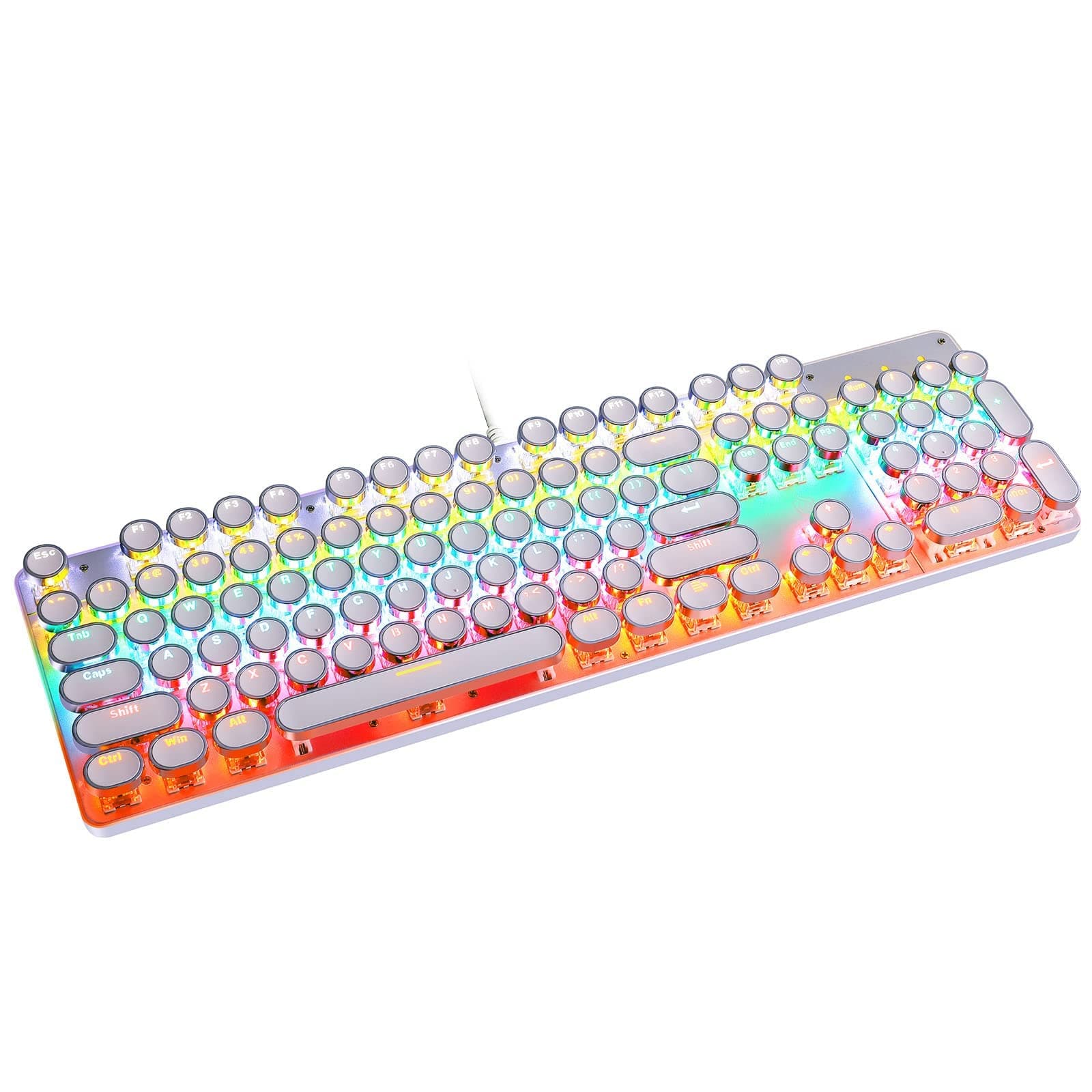 YSCP Typewriter Style Mechanical Gaming Keyboard Rainbow Backlit Wired with Blue Switch Retro Round Keycap 104 Keys Keyboard (L-White)