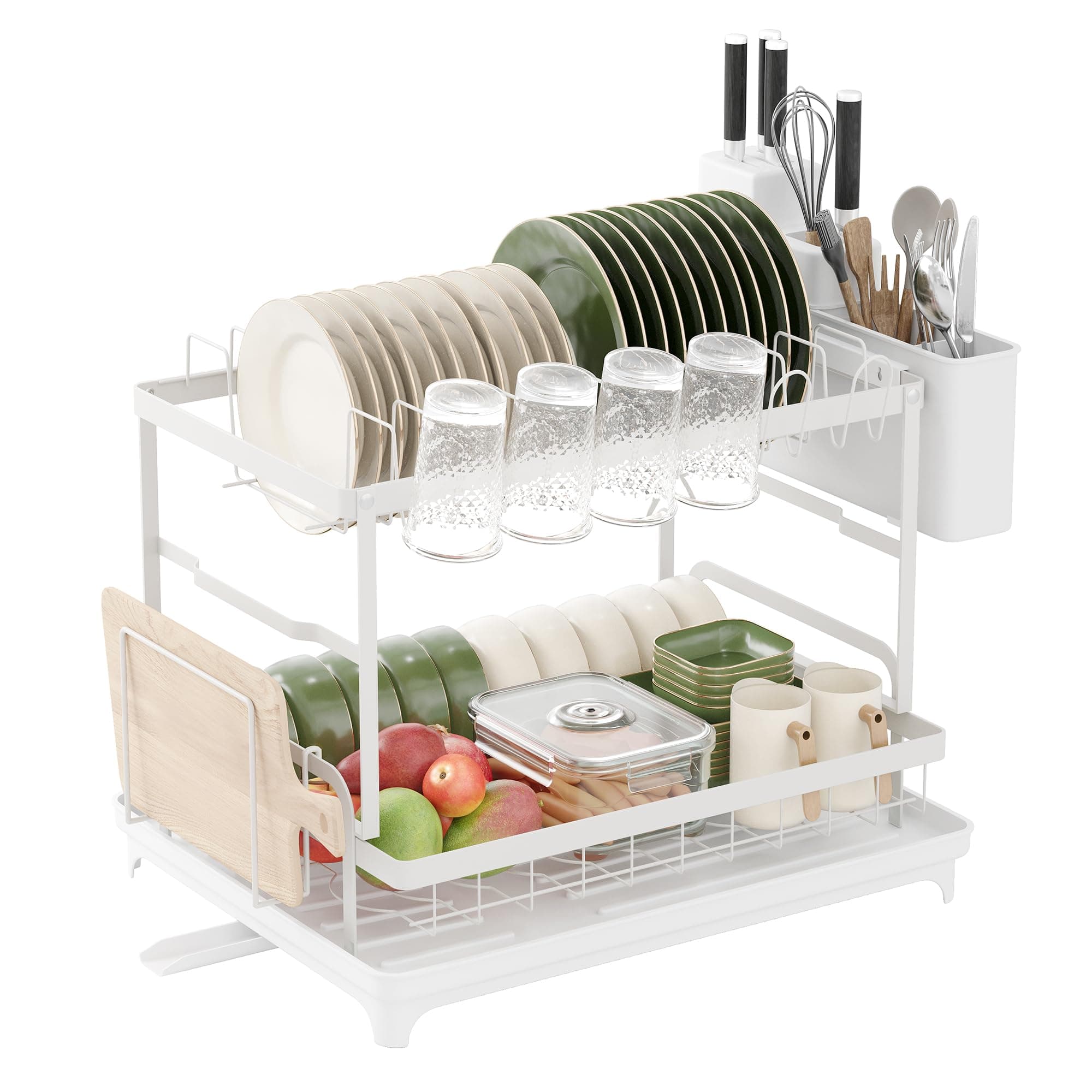 NETEL Dish Drying Rack with Adjustable Drip Tray, 2 Tier Large Capacity Dish Drainer for Kitchen Counter Shelf, Stainless Steel Dish Drying Stand with Drainboard, Utensil Holders & Cup Holder, White