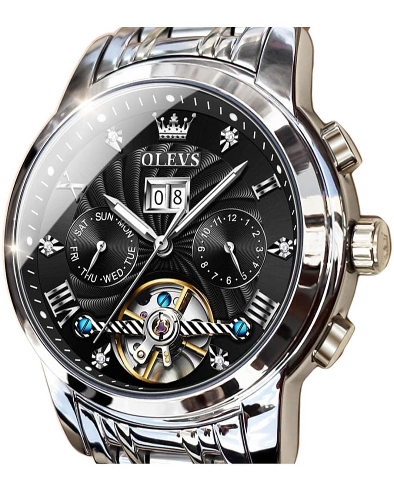 Men Automatic Watch Skeleton 5 Hands Mechanical Classic Luxury Multi Calendar Stainless Steel Waterproof Wrist Watch for Men