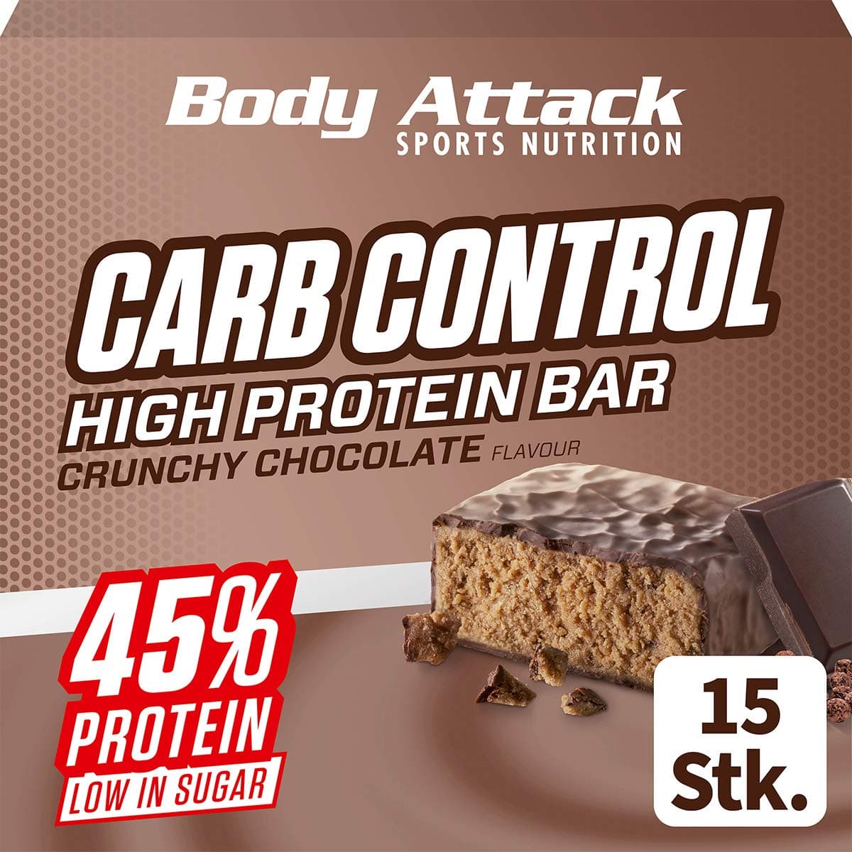 Body Attack Crunchy Chocolate 100g Carb Control Protein Bar - Pack of 15 Bars