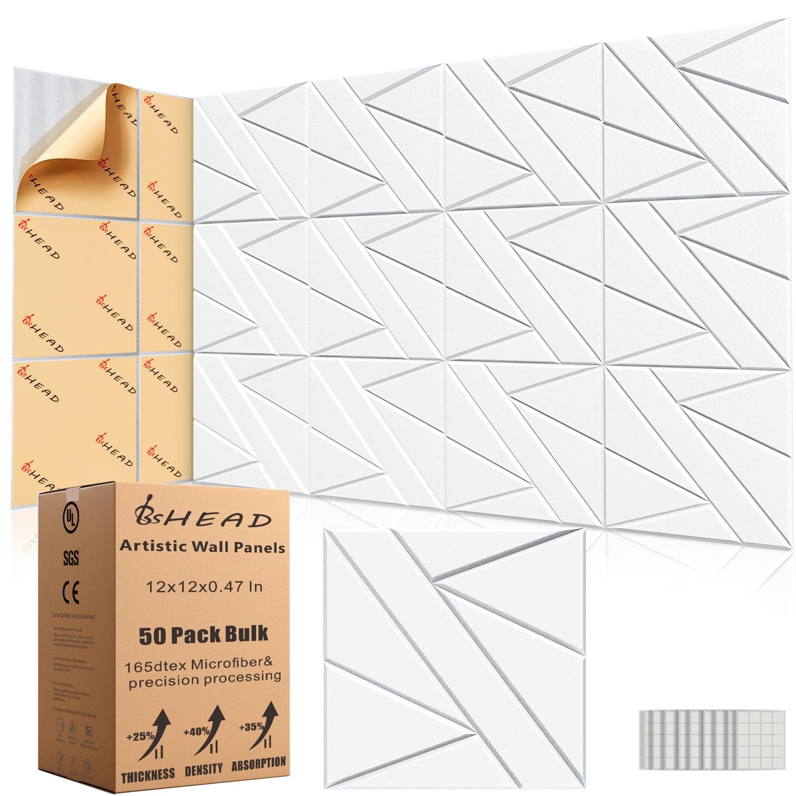 50 Pack Bulk Self-Adhesive Soundproof Wall Panels, 12 x 12 x 0.47 In Sound Proof Foam Panels for Walls, 1.2lb/ft³ High Density, Thicker 0.47in, Acoustic Panels, Duty for Large Walls White