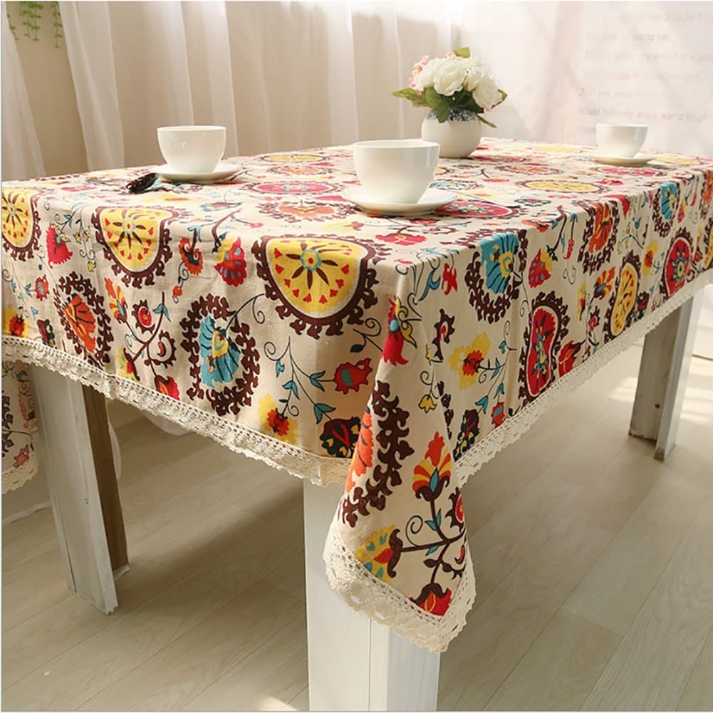 Table Cover, Lemon Hour Rectangle Dining Room Modern Tablecloth with Cotton Linen Lace, Sun Flower Boho Style Dust-proof Table Cloth for Kitchen Living Party Decorative, 140 x 200 Cm/ 55 x 79 Inch