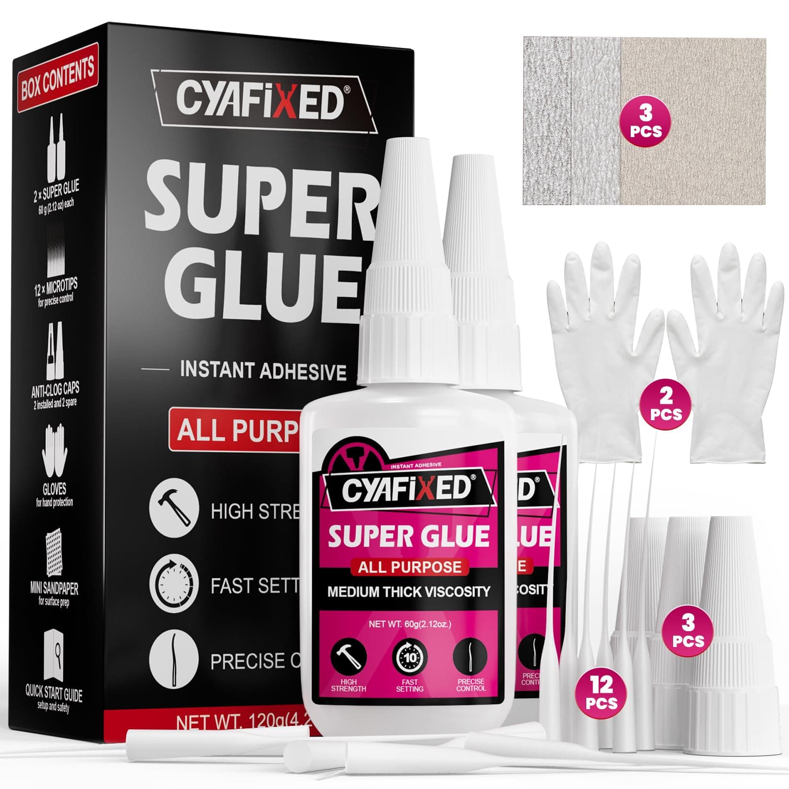 Super Glue Kit 4 oz All Purpose CA Glue with Anti-Clog Cap & Microtips for Woodworking, 3D Printing, Ceramic - Strong Fast Medium-Thick Cyanoacrylate Adhesive for Wood, Aquarium, Model, Glass, Craft