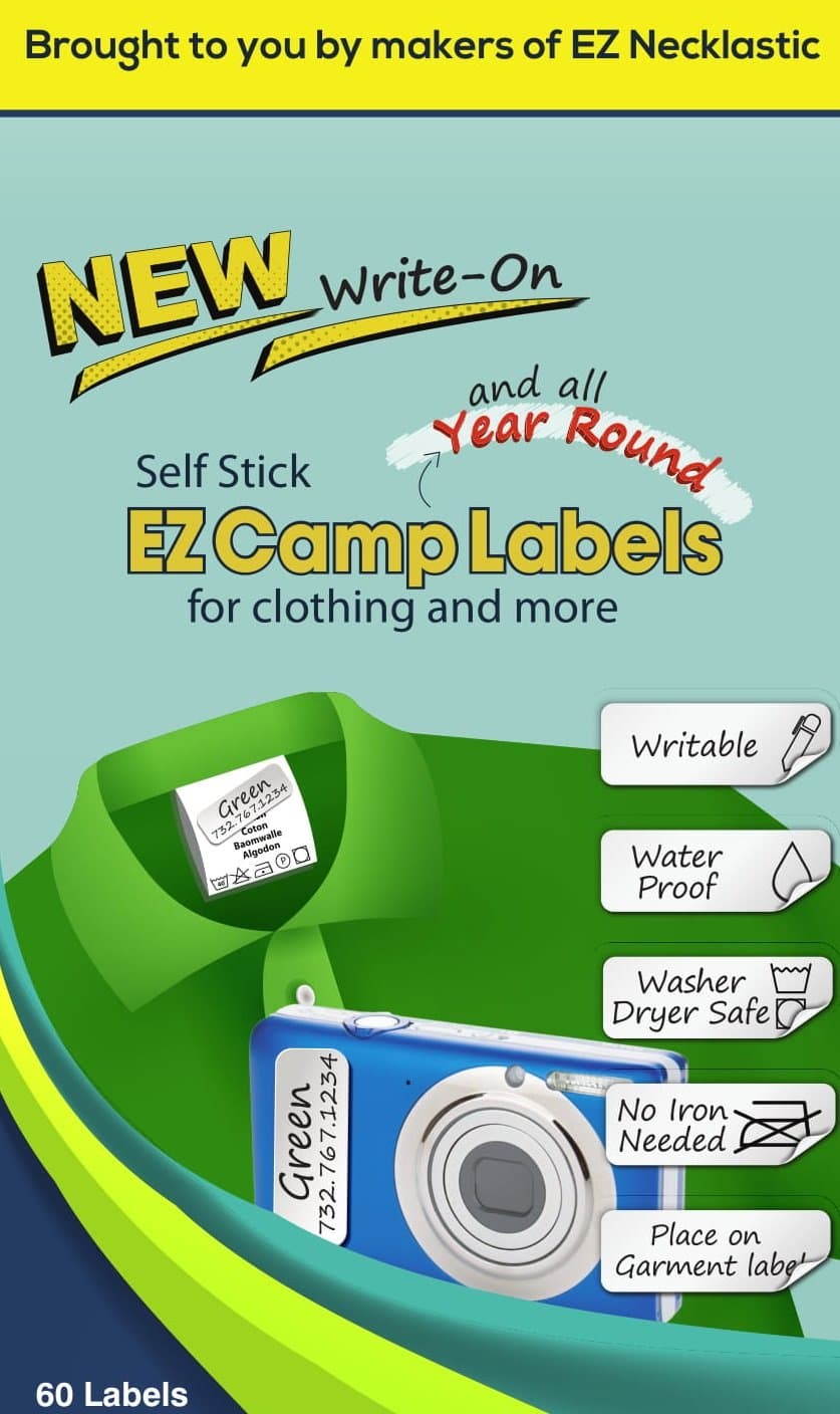 SELF-Stick Write-ON EZ Camp Labels for Clothing and All Personal Items – 60 No-Iron Kids Clothing Labels - Washer and Dryer Safe