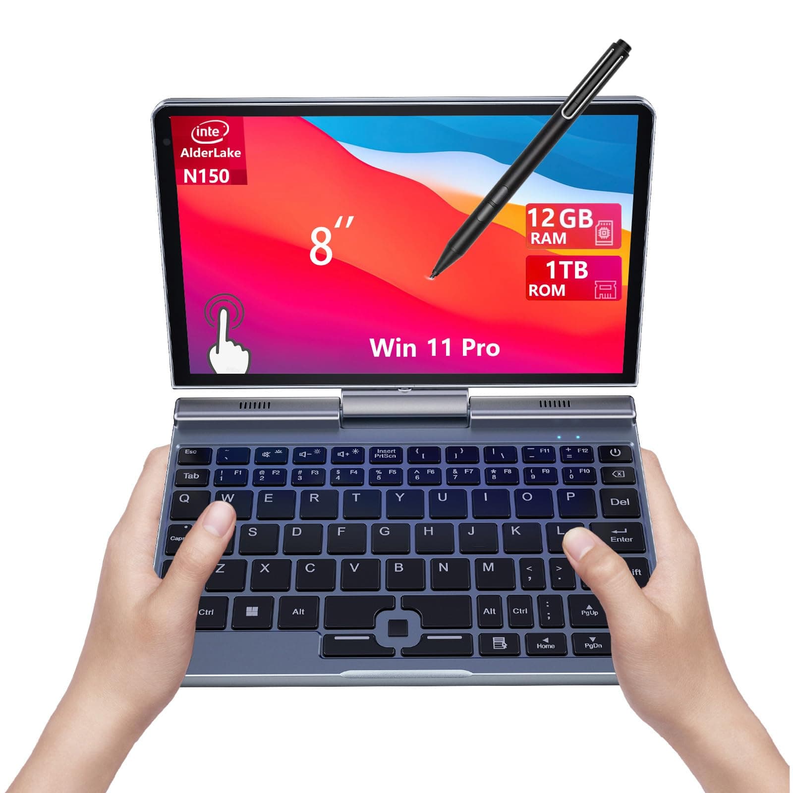8" Mini Laptop, N150,2-in-1 Small Computer 12GB RAM, 1TB SSD, Touchscreen, Win 11 Pro, Wi-Fi 6, BT 5.2, Stylus Support, HDMI, Lightweight Portable Convertible PC