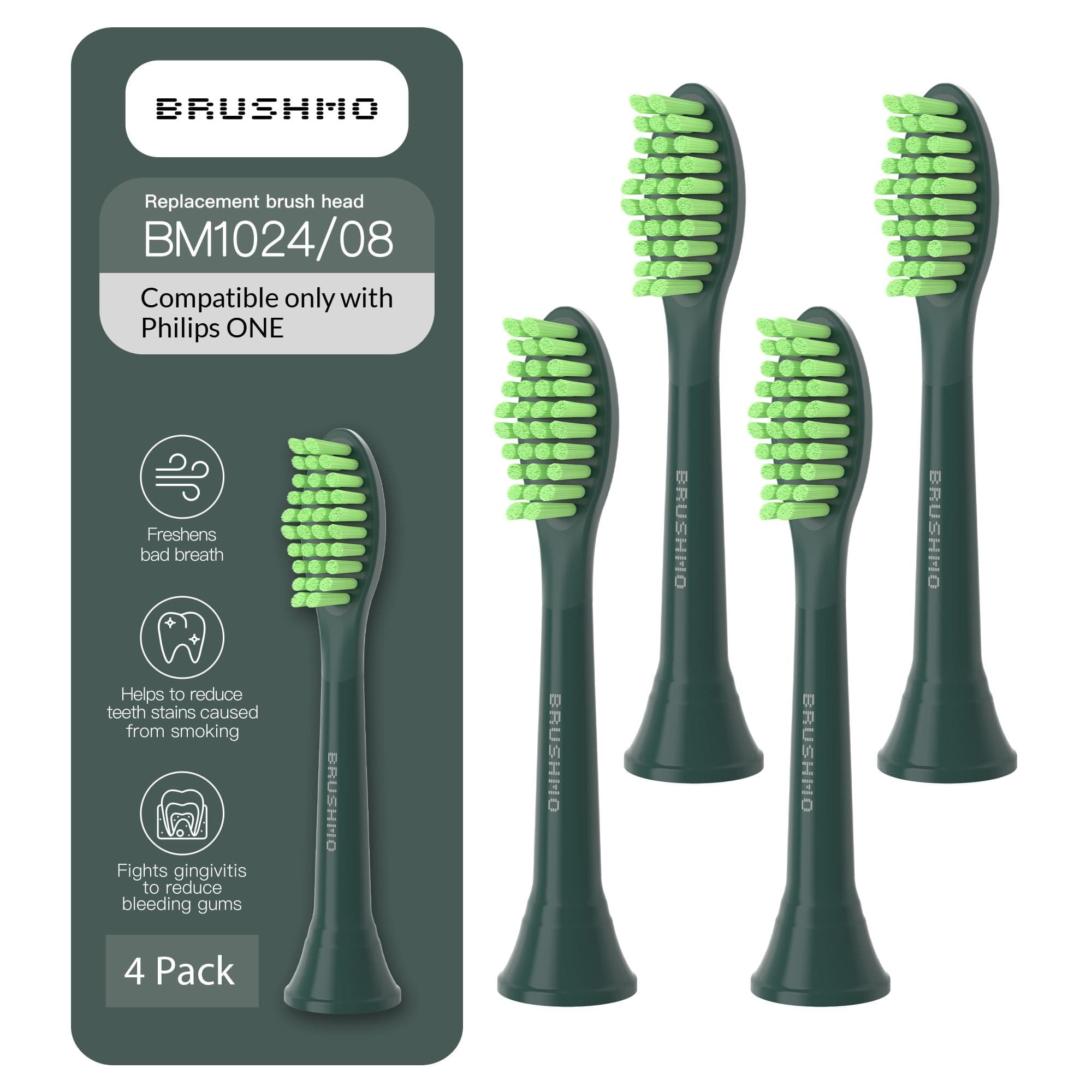 Brushmo Replacement Toothbrush Heads, Compatible with Philips One for Sonicare Electric Toothbrush Handles HY1022, 4 Standard Heads with Tongue Cleaner, Soft Dupont Bristles, BM124m, Sage Green