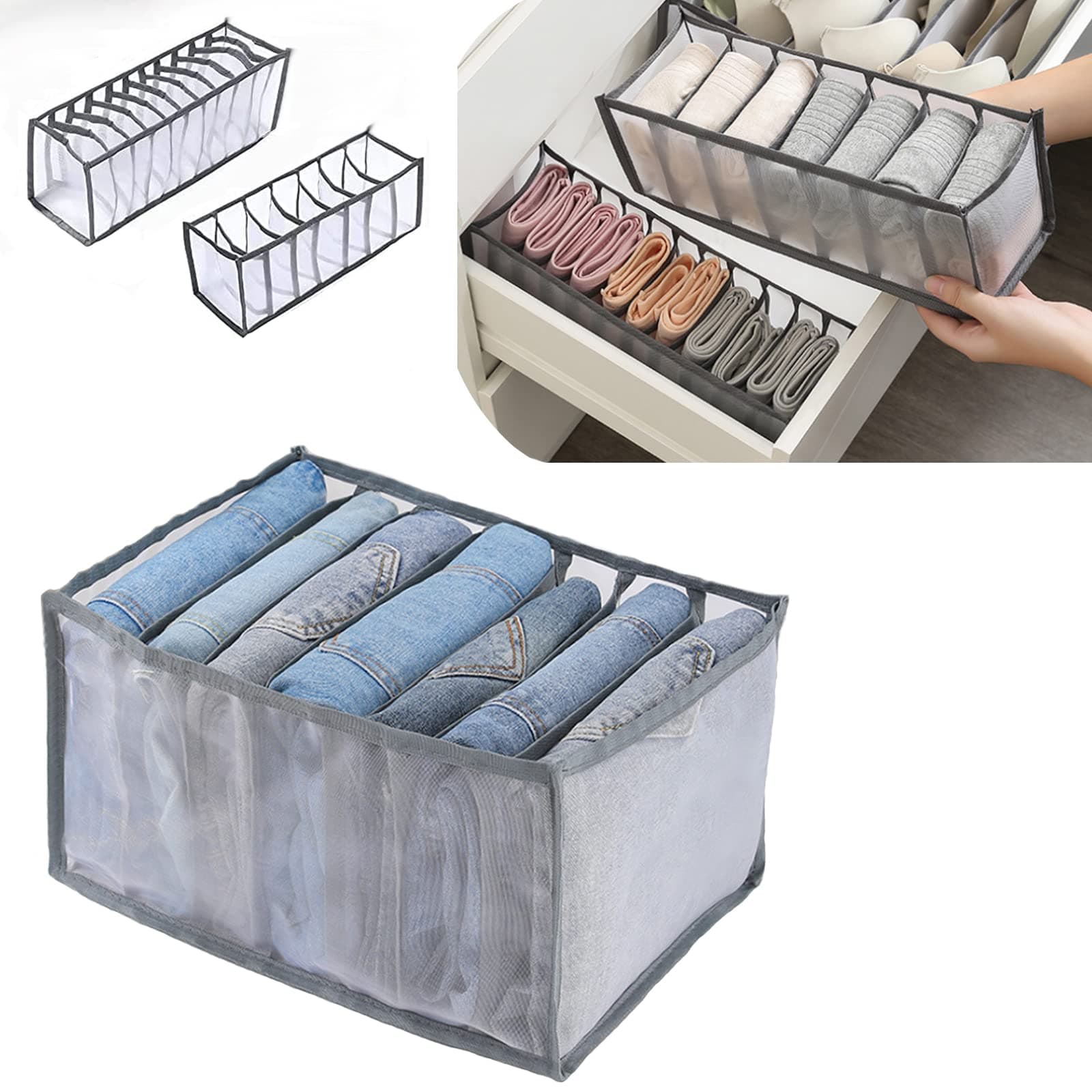 Stackable Clothes Drawer Mesh Separation Box - 3 Piece Set for Organizing Leggings, Socks, Panties, Jeans - 7 Grids Closet Organizers, Foldable and Stackable Storage Bags