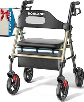 Foldable Rollator Walkers with Seat for Seniors, 8'' Big Wheels, 350 lb. Weight Capacity, Adjustable Handles and Seat Height, Lightweight Rolling Walker, Champagne Gold