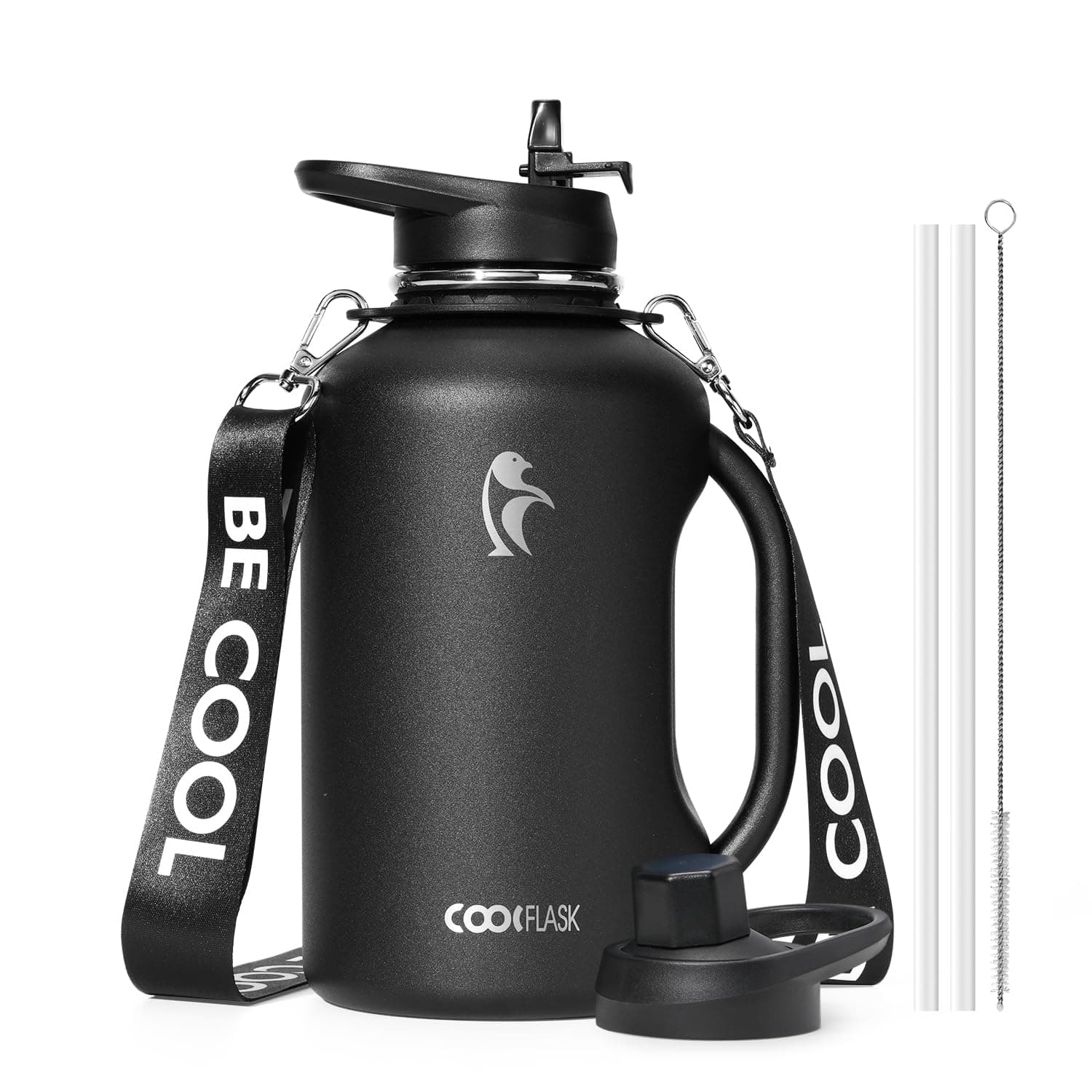 Coolflask Half Gallon Water Bottle with Handle, 64 oz Insulated Stainless Steel Water Jug Metal Double-Walled Vacuum Large Flask With Strap Straw Leakproof, Keep Cold 48 Hrs Hot 24hrs, Magic Black