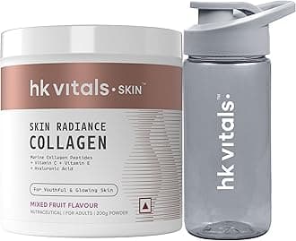 Skin Radiance Marine Collagen Supplements Powder (Mixed Fruit, 200g) & Sipper Bottle (Grey, 300ml) Combo Pack | With Vitamin C & E | For Healthy Skin, Hair & Nails