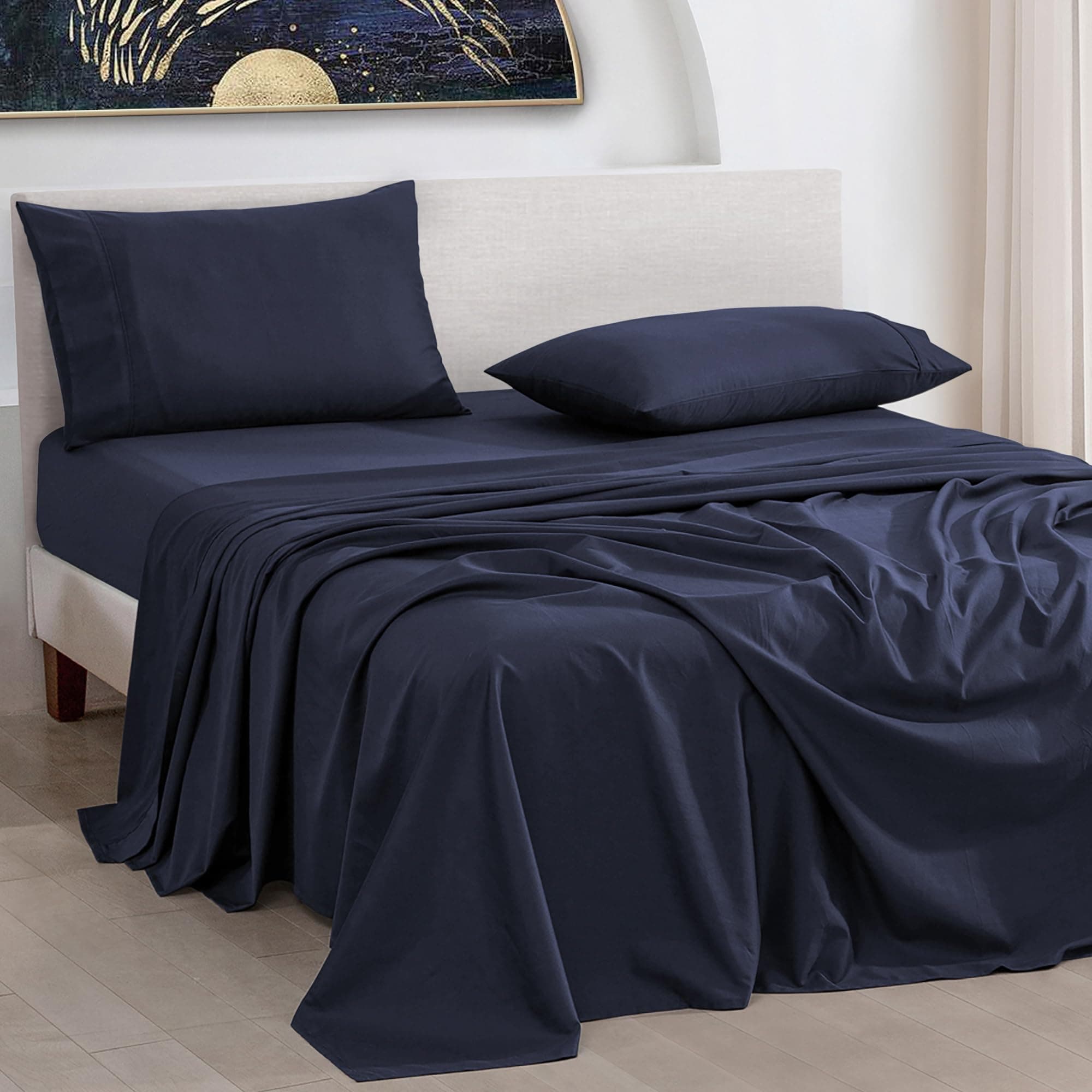 URBANHUT 1000 Thread Count 100% Cotton King Size Sheets, Soft & Breathable 4 Piece Bedsheet Set, Luxury Hotel Sheets Sateen Weave, Better Than Egyptian, 16" Elasticized Deep Pocket - Navy Blue