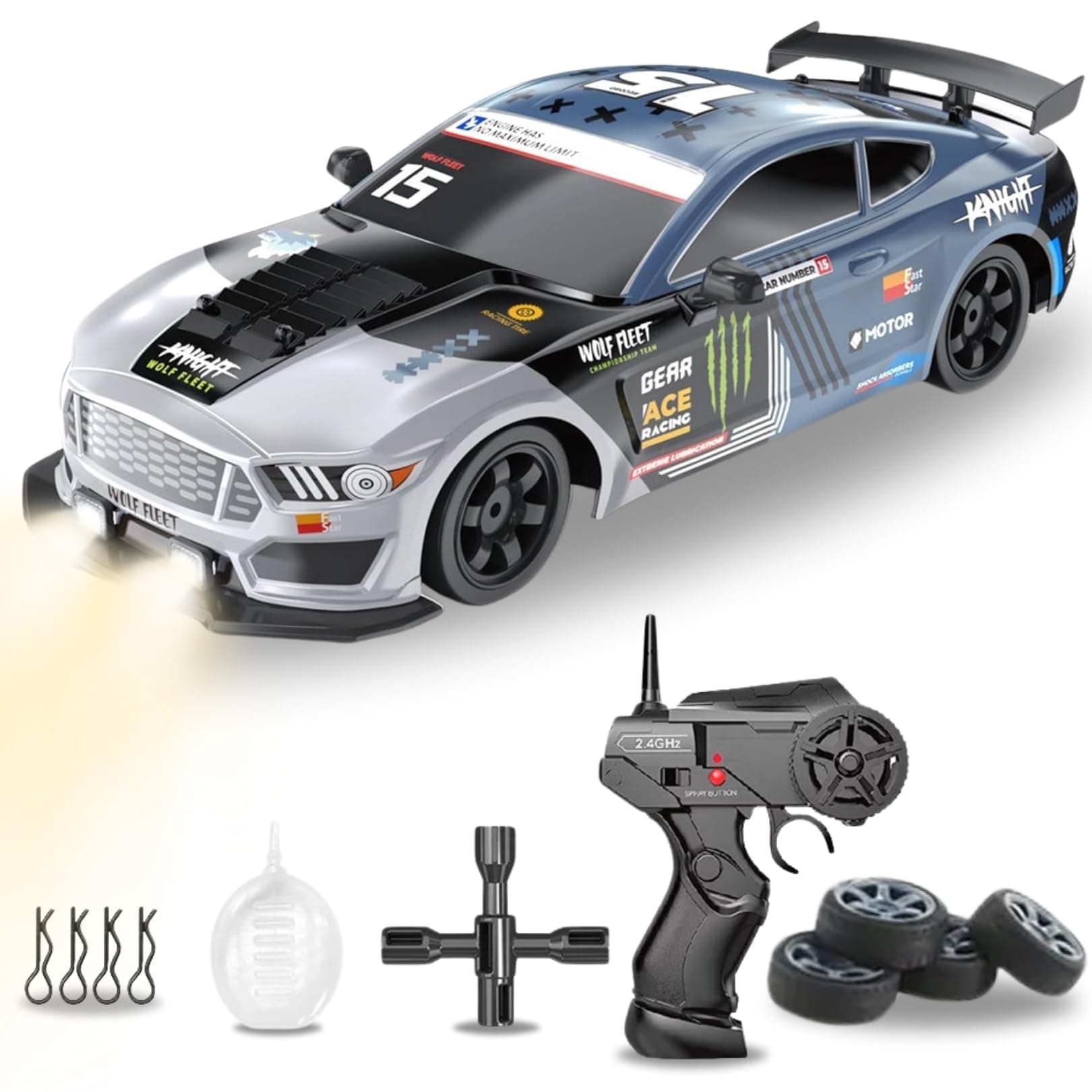 RC Drift Car 1/16 2.4GHz 4WD Remote Control Sport Racing On-Road Vehicle with LED Light, Batteries and Drift Tires (Silver)