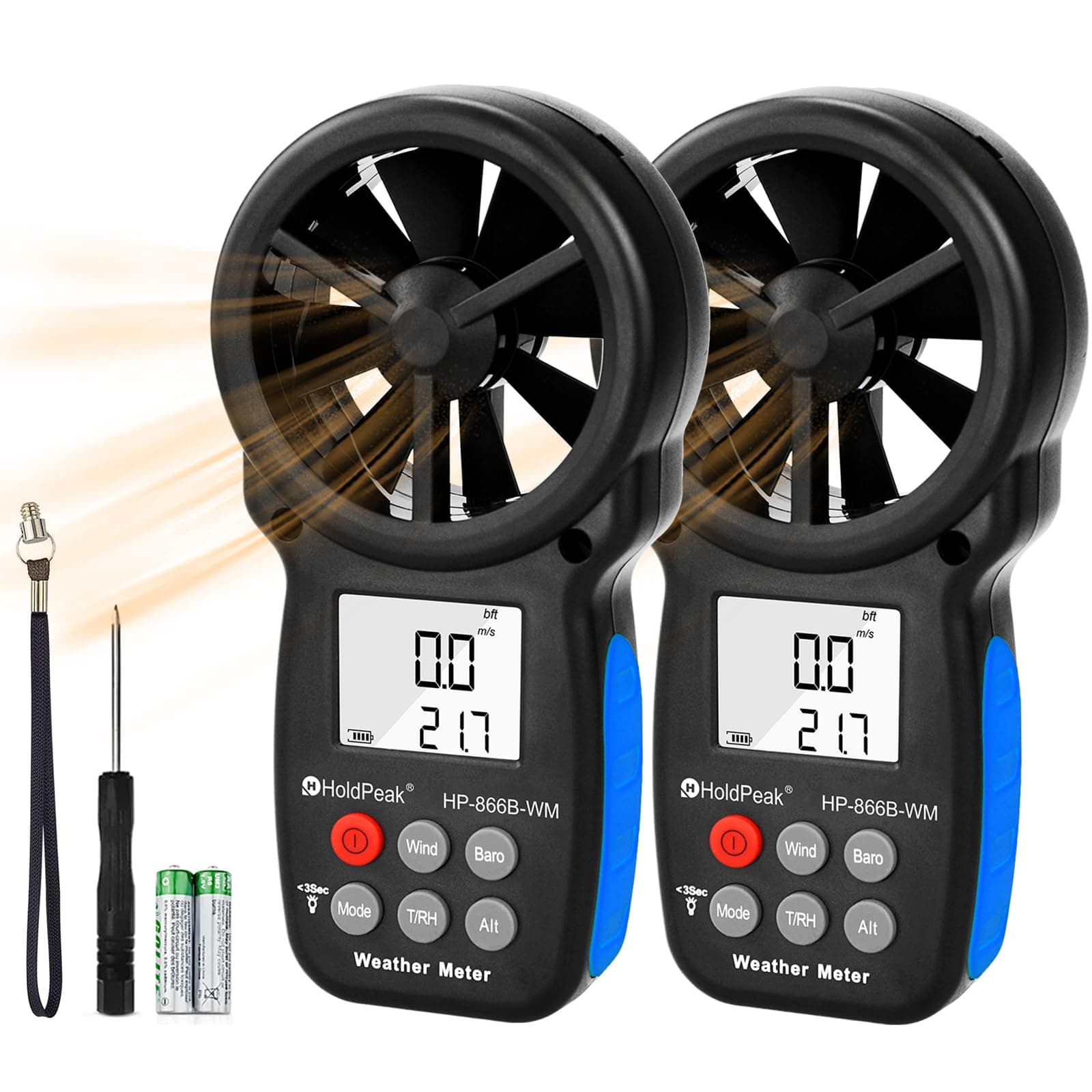 [2 PCS] HoldPeak Handheld Anemometer Barometer, Weather Meter for Wind Speed, Temperature, Humidity, Dew Point, Altitude, Barometric Pressure, Wind Chill Measuring, Digital Wind Guage 866B-WM