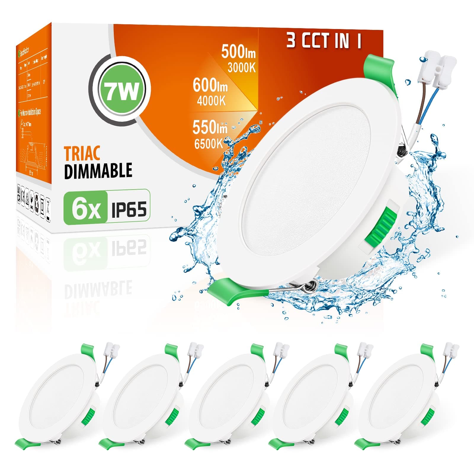 IP65 LED Downlights Dimmable 7W Slim Recessed Ceiling Lights, 3CCT 3000K Warm 4000K Neutral 6500K Cool Adjustable Bathroom Spotlights, White, 6 Pack