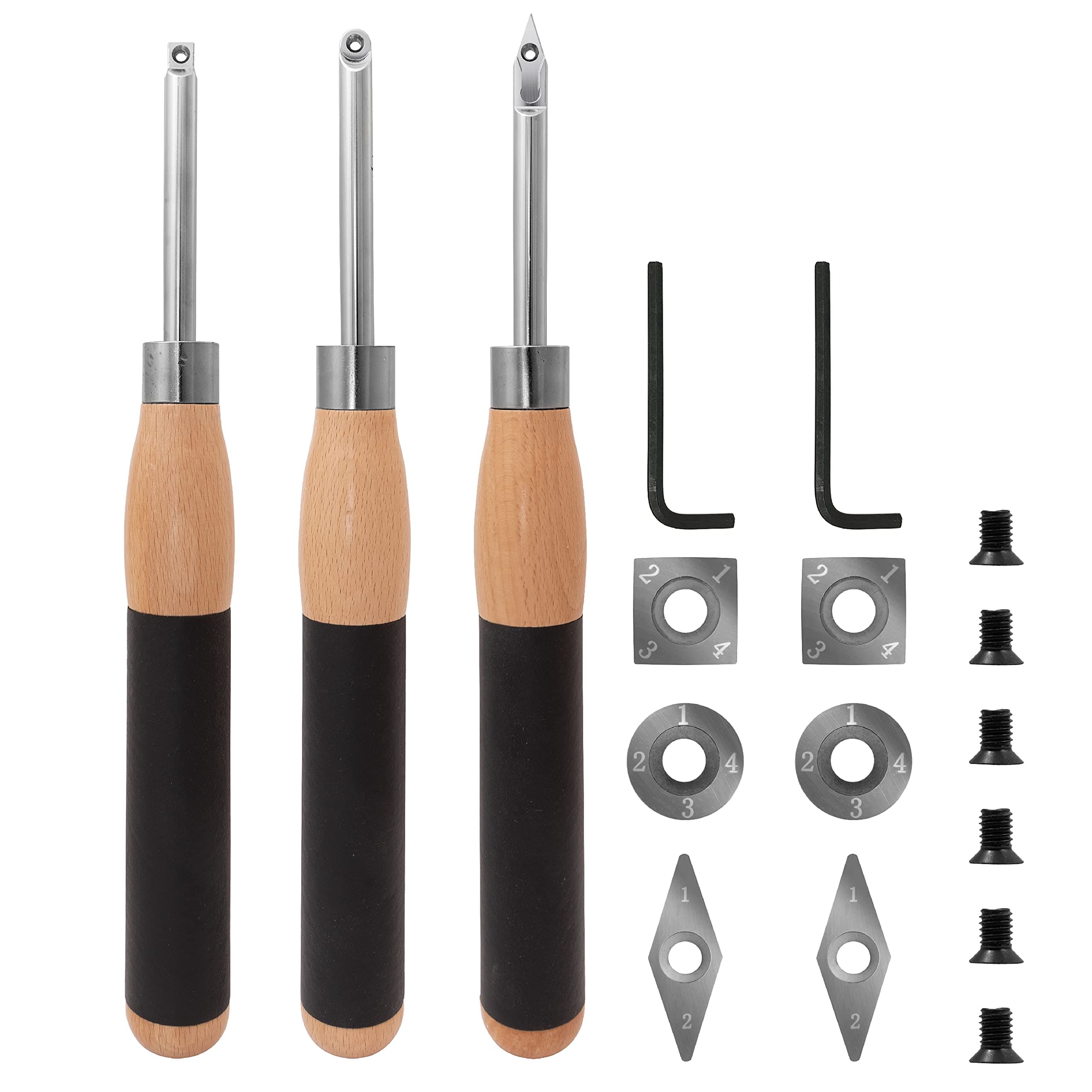 Savannah3 Piece Carbide Mini Turning Tool Set with Flush Fit Comfort Grip Hardwood Handles | Heavy Duty Steel Riveted Ferrules and 2 ea Round 2 ea Square and 2 ea Diamond Shaped Carbide Cutters
