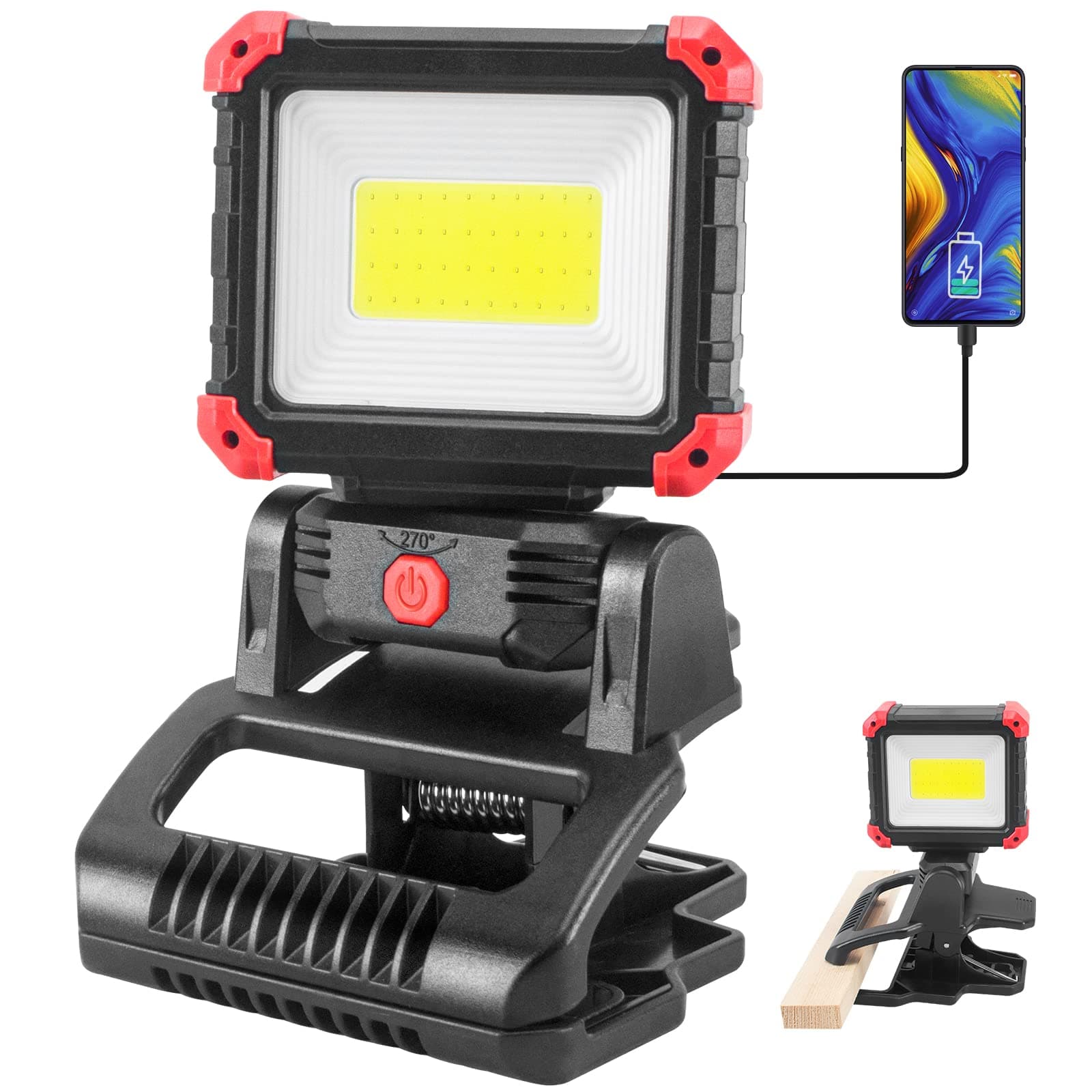 LED Rechargeable Work Light with Clamp, 2100LM Super Bright COB Magnetic Work Light with 3 Light Modes, 270° & 180° Rotation, Waterproof, Perfect for BBQ, Jobsite, Workshop, Car Repairing