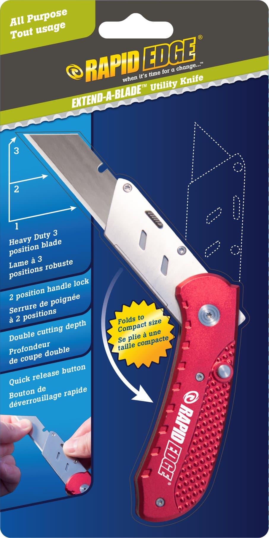 Rapid EdgeExtend-A-Blade™ Utility Knife (Folding Razor Knife with Double Length Box Cutter Blade and 3 Sliding Blade Positions)
