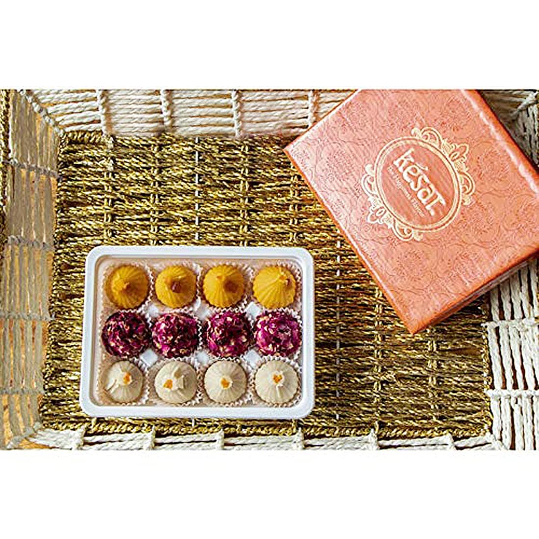 Dessert Drama by Kesar Sweets| 12 pc Assorted Modak Sweets Gift Pack (Rose Petal, Kaju Mango, Badam) for Ganpati| Sweets Indian Mithai| Hygienically Prepared & Packed with Purity - 400 g