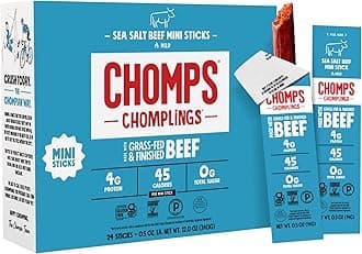 - Chomps Snack Size Grass-Fed and Finished Sea Salt Beef Jerky Snack Sticks 0.5oz 24-Pack - Keto, Paleo, Whole30, 4g Lean Meat Protein, Gluten-Free, Zero Sugar Food, Non-GMO Chomplings
