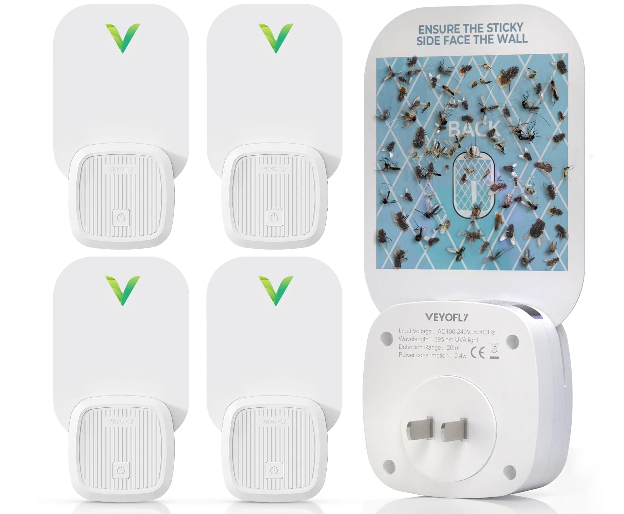 VEYOFLY 4 Pack, Plug-in Flying Insect Trap, Fruit Fly Traps for Indoors, Safer Home Indoor, Bug Light Indoor Plug-in, Mosquito Trap, Fruit Fly, Gnat Trap, Flea Trap, No Odor- (4Device+12 Refills)