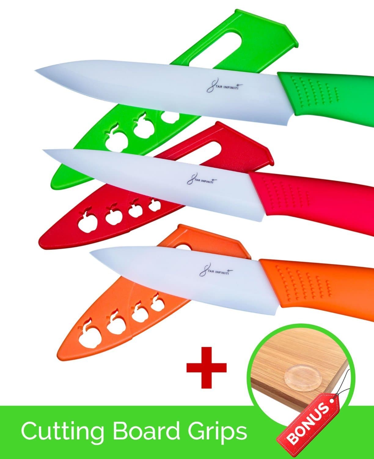 3 Piece Ceramic Knife Set with Blade Covers PDF Recipe Book Cutting Board Grips - Great Safe Kitchen Cutting Knives 3, 4, 5 Inch - Red, Orange, Green - Best Vegetable, Utility, Paring Knife
