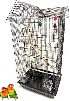 37-Inch Portable Double Roof Top Hanging Flight Bird Cage with Playing Toys for Small Parrot Cockatiel Sun Quaker Parakeet Green Cheek Conure Parrotlet Finch Canary Budgie Lovebird Travel Bird Cage