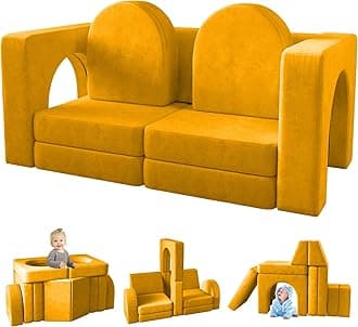 wanan Kids Couch 10PCS, Modular Kids Play Couch for Playroom Bedroom, 10 in 1 Multifunctional Kid Sofa for Playing, Creativing, Sleeping, Indoor Toddler Couches for Boys and Girls(Yellow)