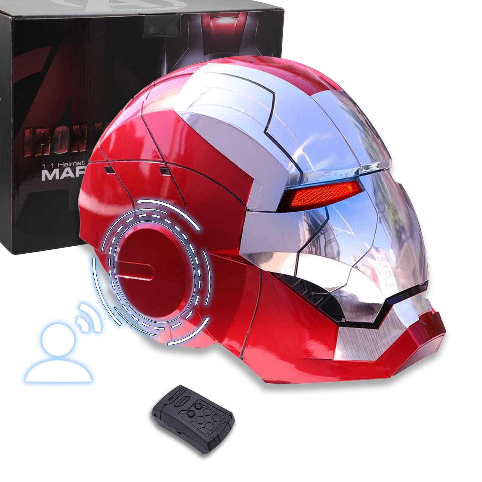 Iron-mans Helmet Electronic MarK 5 Helmet Silver Voice Control/Sensing/Remote Control Open/Close with Sounds & LED Eyes Light Up Super Hero Movie 1:1 model Prop., ‎Large