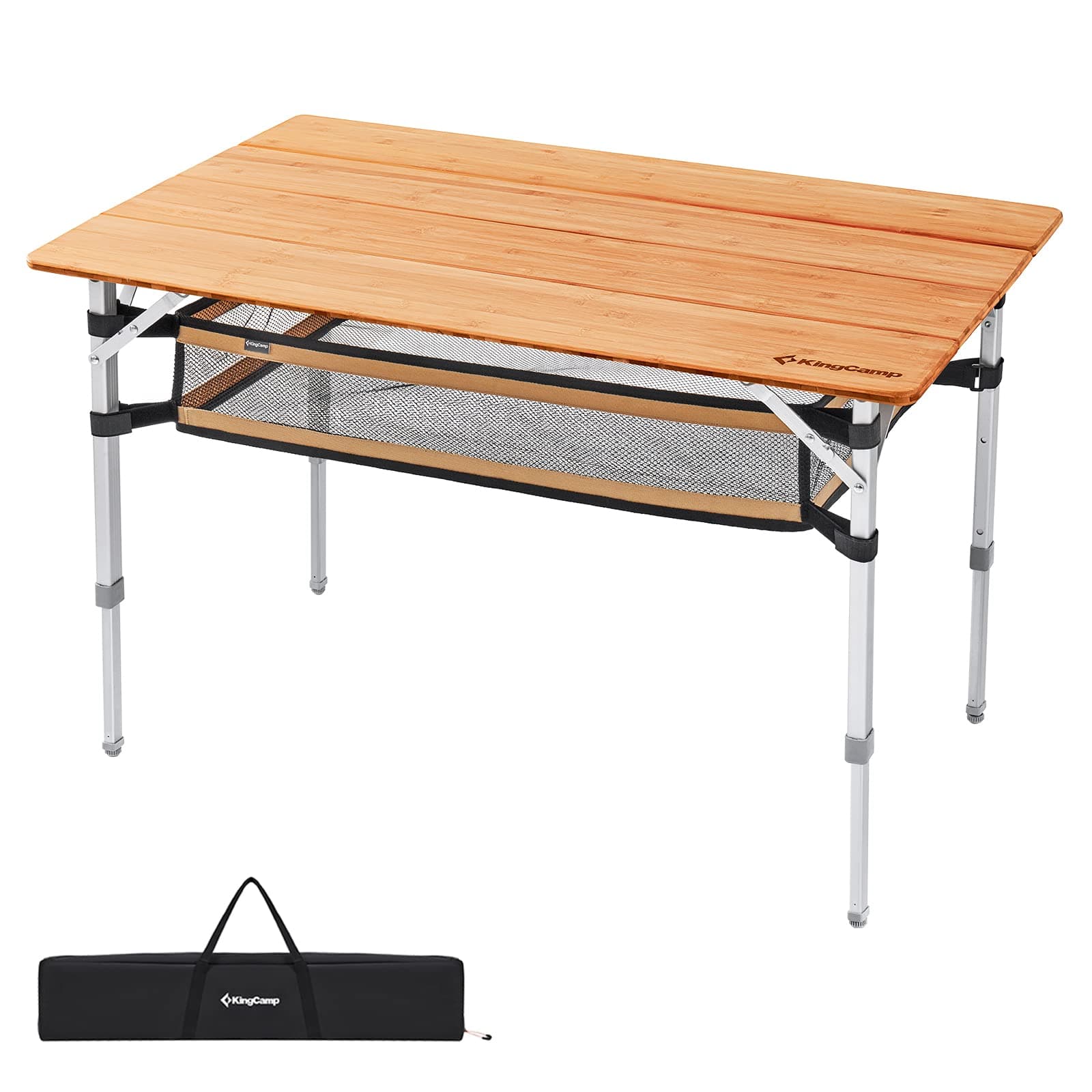 KingCamp Bamboo Folding Table Camping Table with Large Storage Bag Adjustable Height Aluminum Legs Heavy Duty 176 lbs 4-Fold Portable Camp Tables for Travel, Picnic, RV, 4-5 People