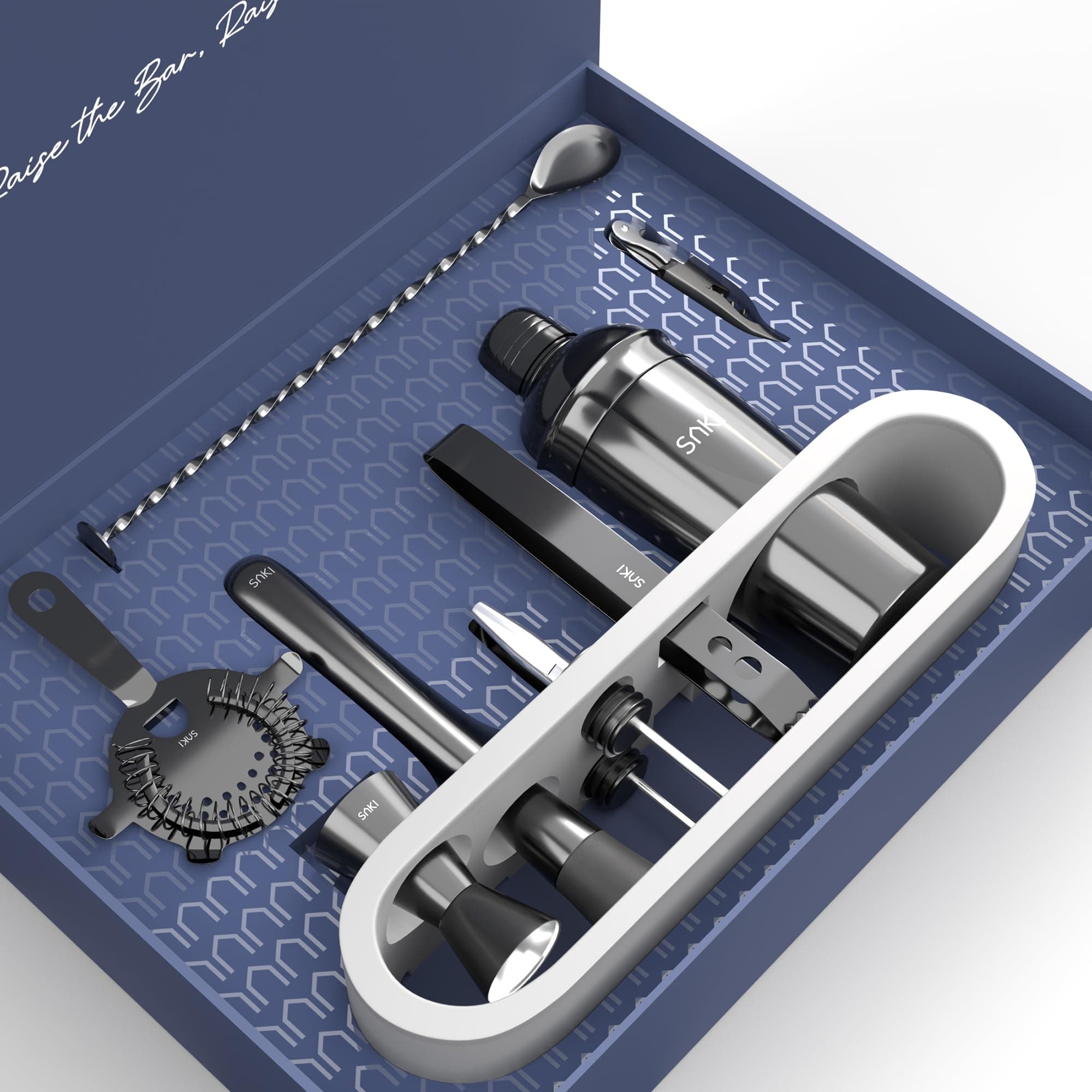 Saki Home Decor Bartender Kit:10-Piece Bar Tool Set with Wooden Stand | Perfect Home Bartending Kit and Cocktail Shaker Set for a Perfect Drink Mixing Experience | Fun Housewarming Gift (Black)