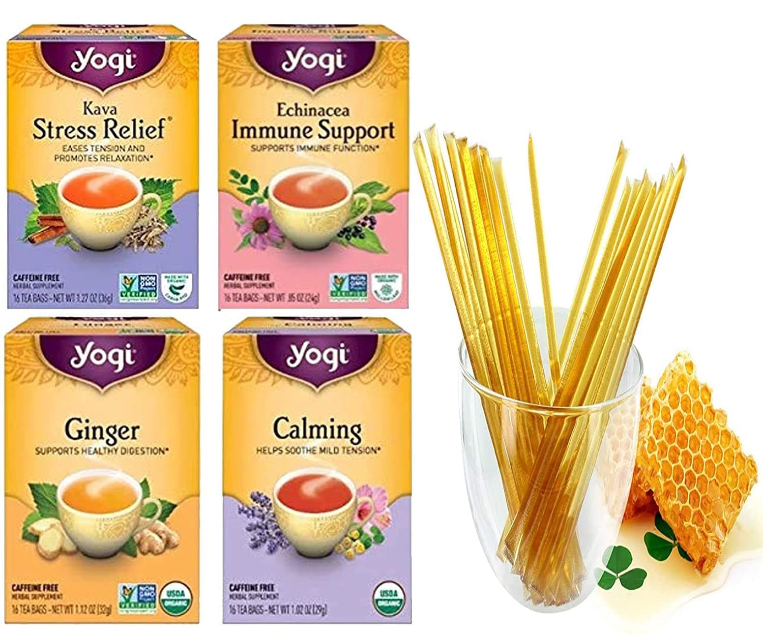 Yogi Tea Stress Relief Sampler Bundle (Pack of 4) 64 Tea Bags Total, Caffeine Free - Herbal Tea Assorted Variety Flavors Including - Kava, Echinacea Immune Support, Ginger, and Calming