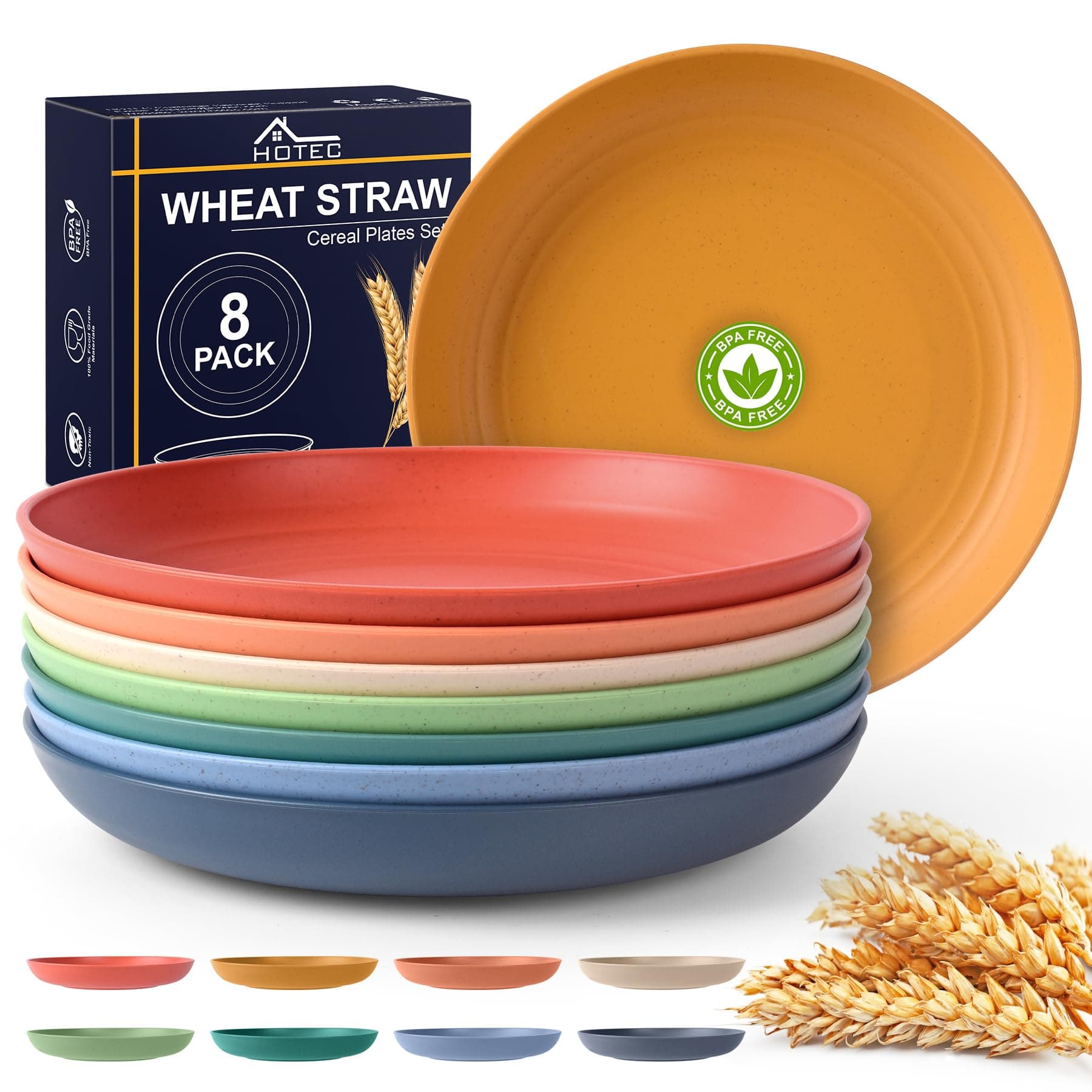 HOTEC 8-Pack 10inch BPA Free Unbreakable Deep Dinner Plates, Wheat Straw Plastic Plates Dishwasher Safe Kitchen Plates Dinnerware Multicolor