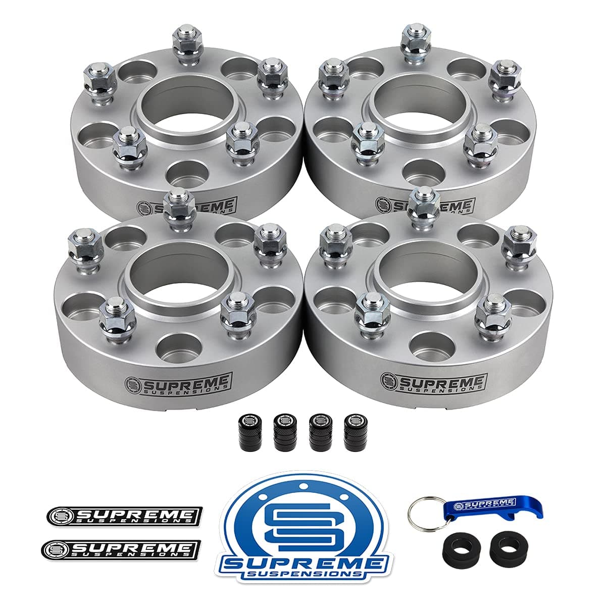Supreme Suspensions - 4pc Set [Silver] 2" Hub Centric Wheel Spacers for Jeep Wrangler JK, Commander, Grand Cherokee WJ WK [BP: 5x5 / CB: 71.5mm / Studs: 1/2" x20] - 4 Tire Valve Caps Included