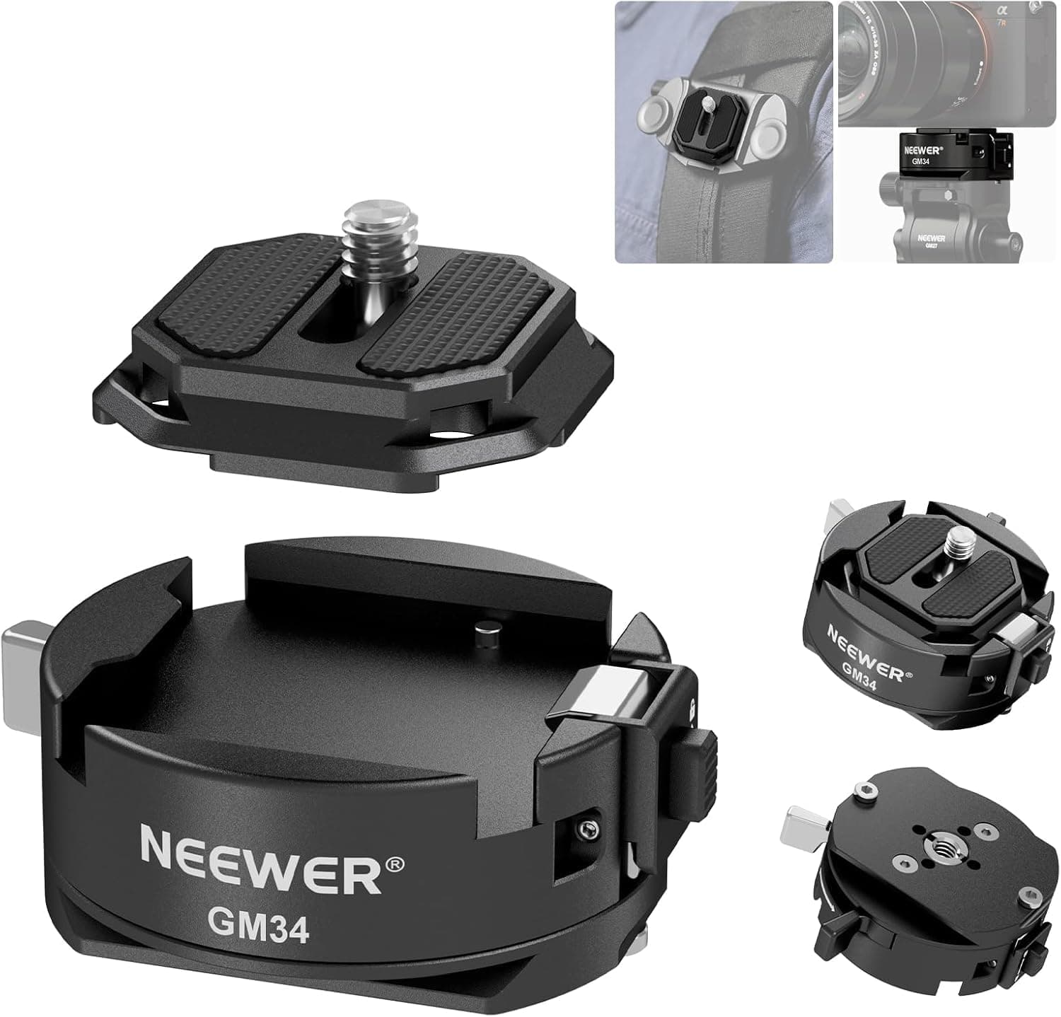 – Neewer GM34 Camera Quick Release Plate Kit, Quick Switch Auto Lock Square QR Mount Plate with Arca Type Clamp Base, Compatible with Arca Swiss Peak Design Capture V3 Camera Clip, Max Load 11lb/5kg
