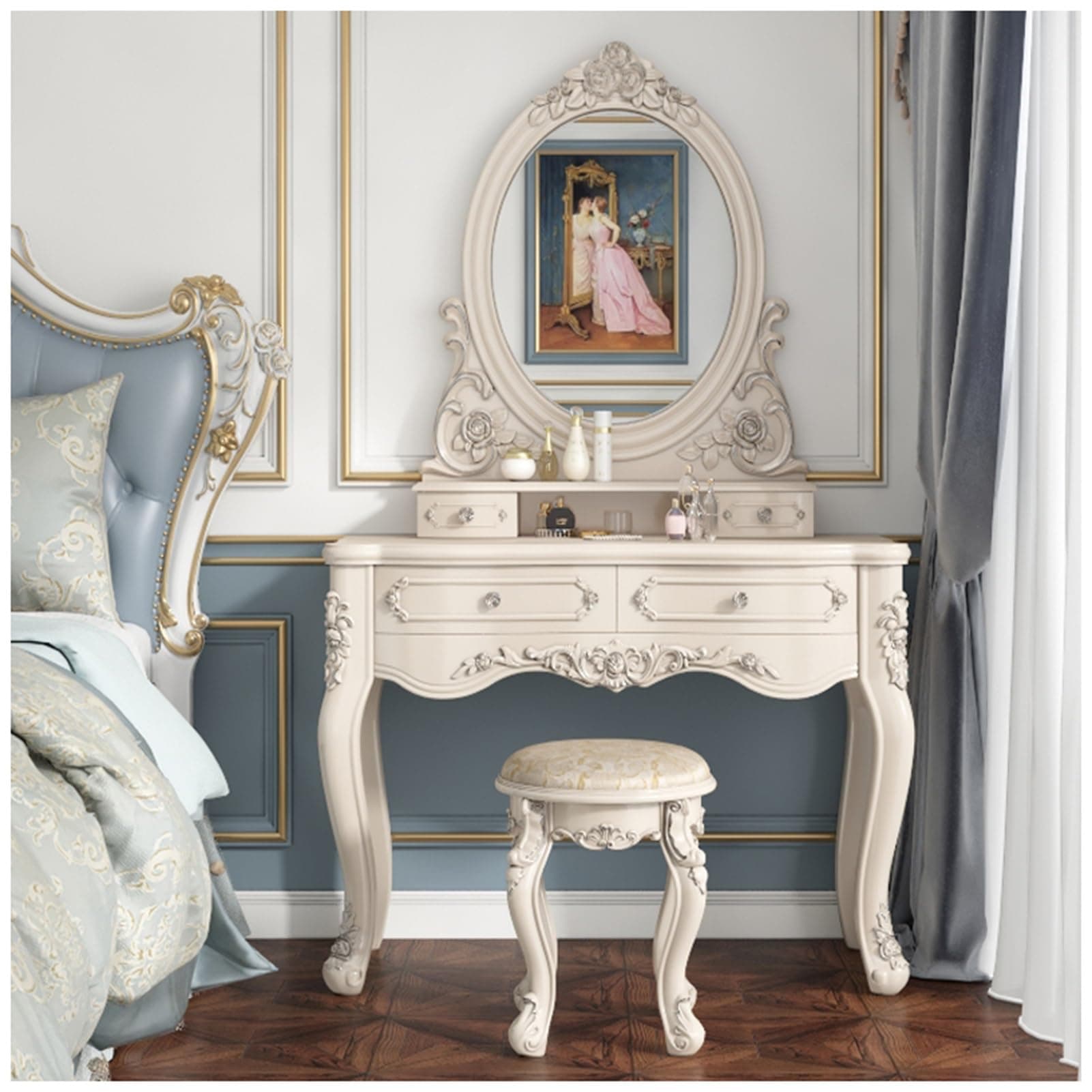 Makeup Vanity Set with Mirror & Cushioned Stool, Vintage Dressing Table with 4 Drawers, European Style Vanity Desk for Bedroom (Color : White+Silver, Size : 80x47x147cm)