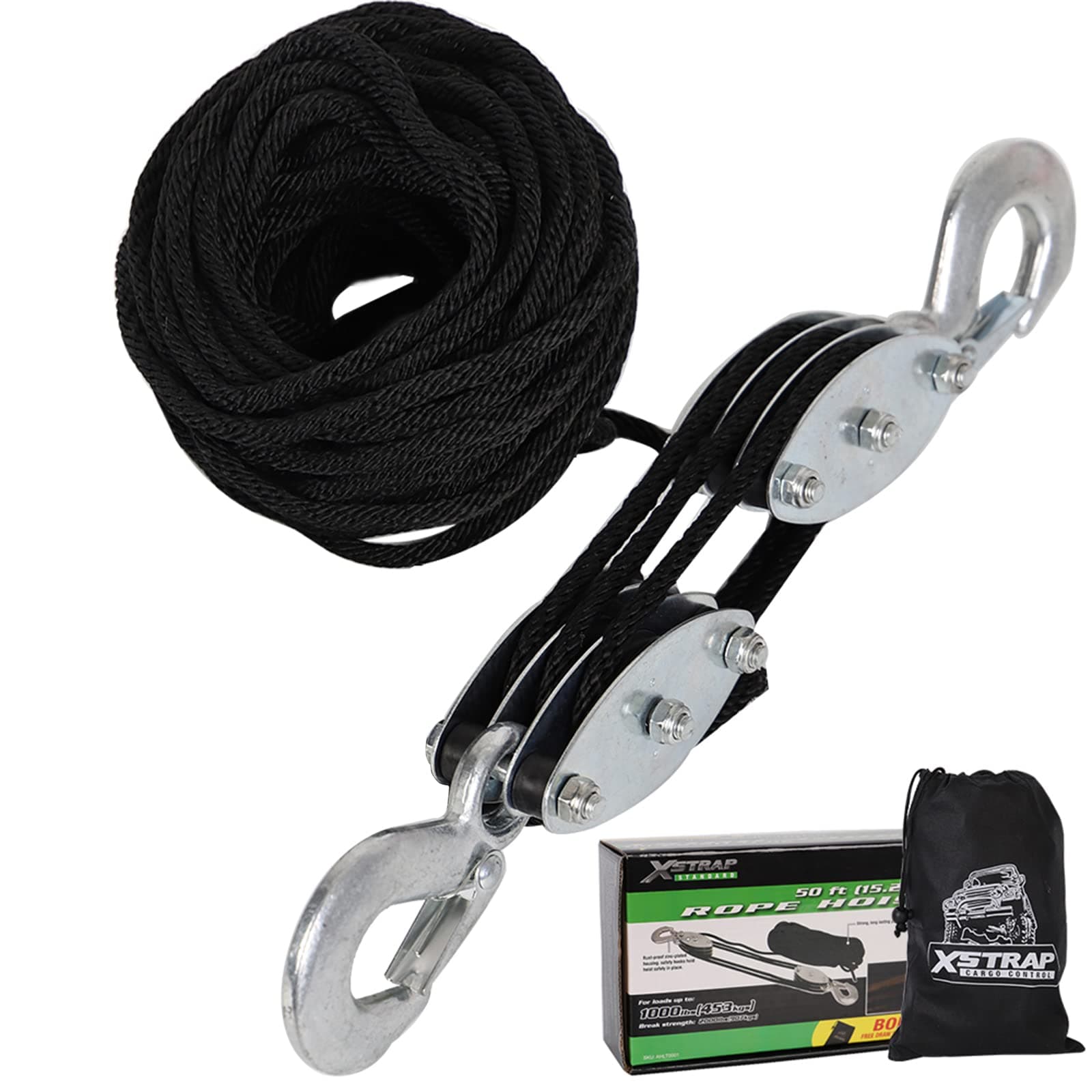 XSTRAP Heavy-Duty 2,000 LB Breaking Strength 50 FT Rope Hoist (Black)