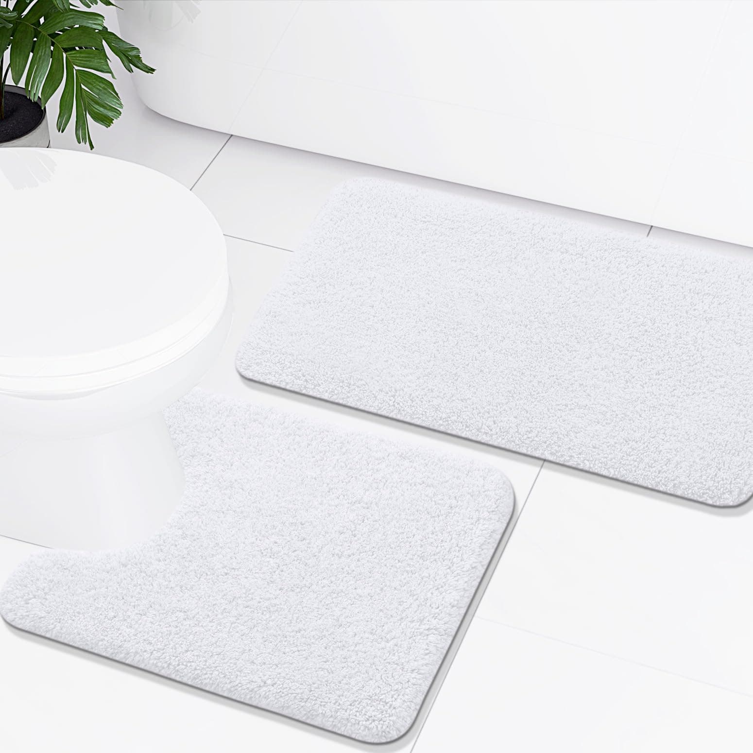 Buganda Microfiber Bathroom Rug Set - Shaggy Soft Bath Mat & U-Shaped Toilet Rug, Non-Slip Machine Wash/Dry Absorbent Shower Bath Mat Set (24"x20" + 30"x20", White)