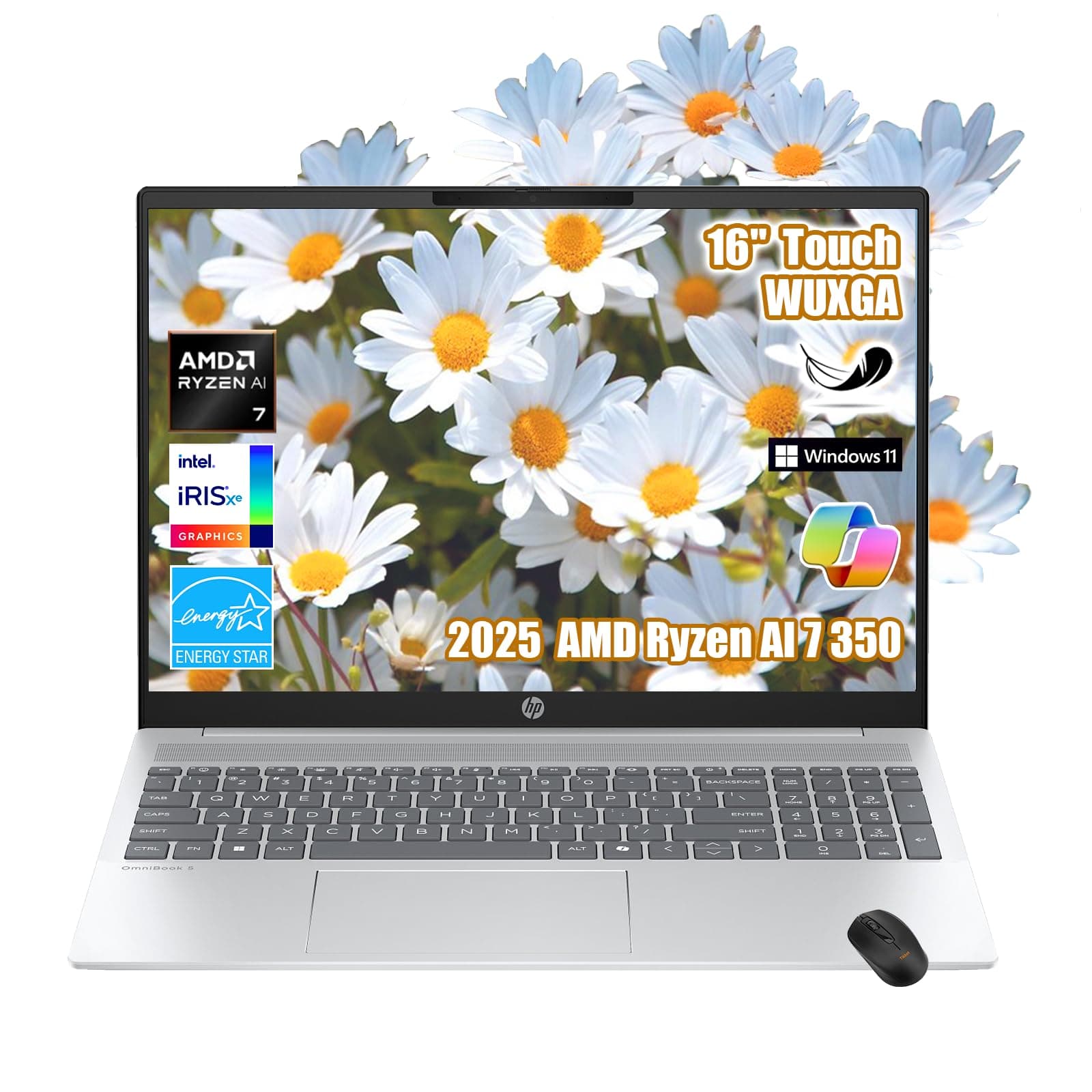 HP OmniBook 5 Copilot+ AI PC, 16" 2K (1920x1200) Touchscreen, 32GB LPDDR5x RAM, 2TB SSD, AMD Ryzen AI 7 350 Up to 5GHz, Backlit KB, Windows 11 Home, W/Mouse