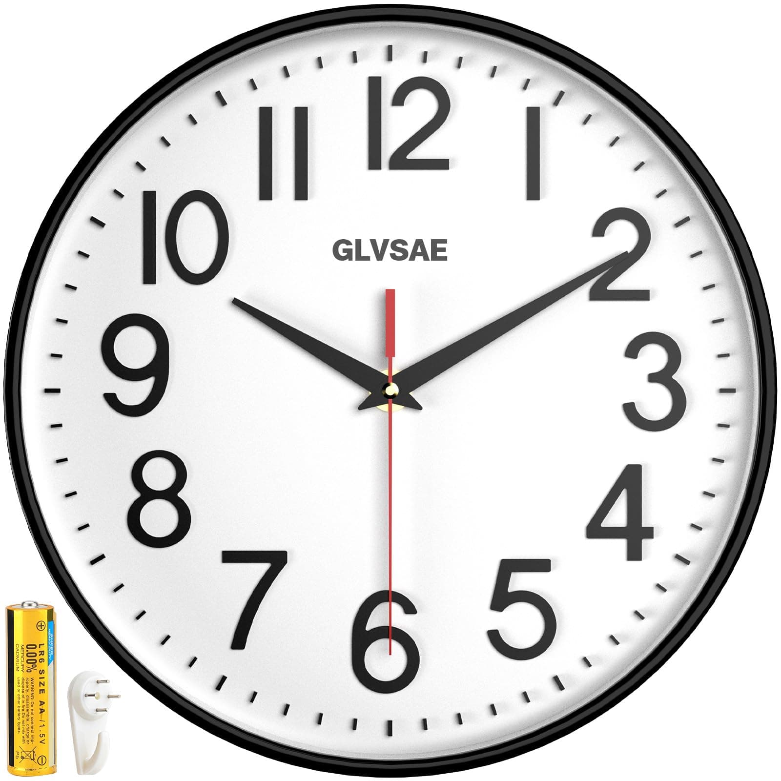 GLVSAE Wall Clock 12 Inches Non-Ticking Wall Clocks Battery Operated Large Easy to Read with Stereoscopic Dial Ultra-Quiet Movement Quartz for Office Classroom School Home Bedroom Kitchen