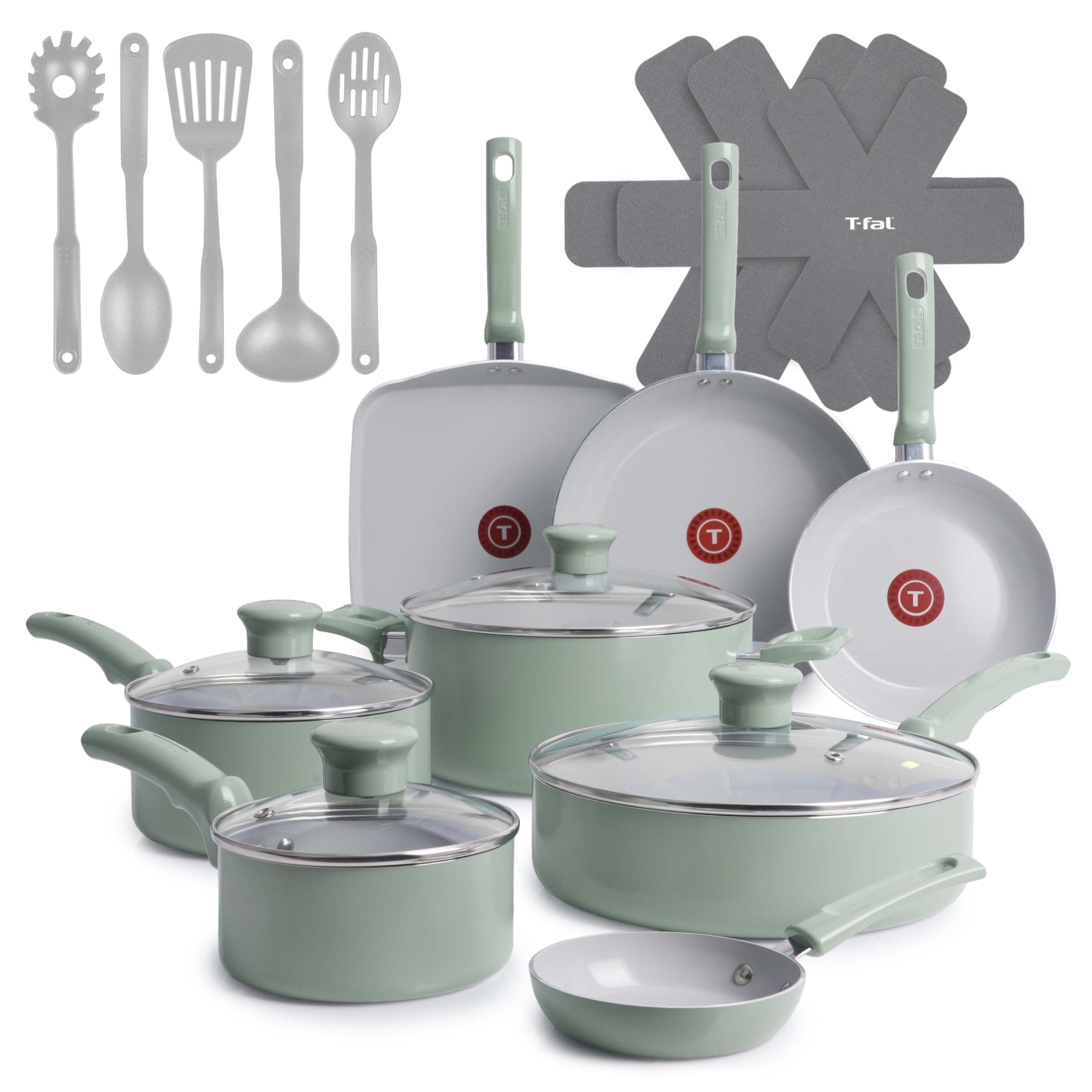 T-Fal Refresh Ceramic Nonstick Cookware Set, 20-Piece, Oven Safe to 350°F, Stockpot, Ceramic Pots and Pans Set, Frying Pans, Griddle, Utensils, Mint Green