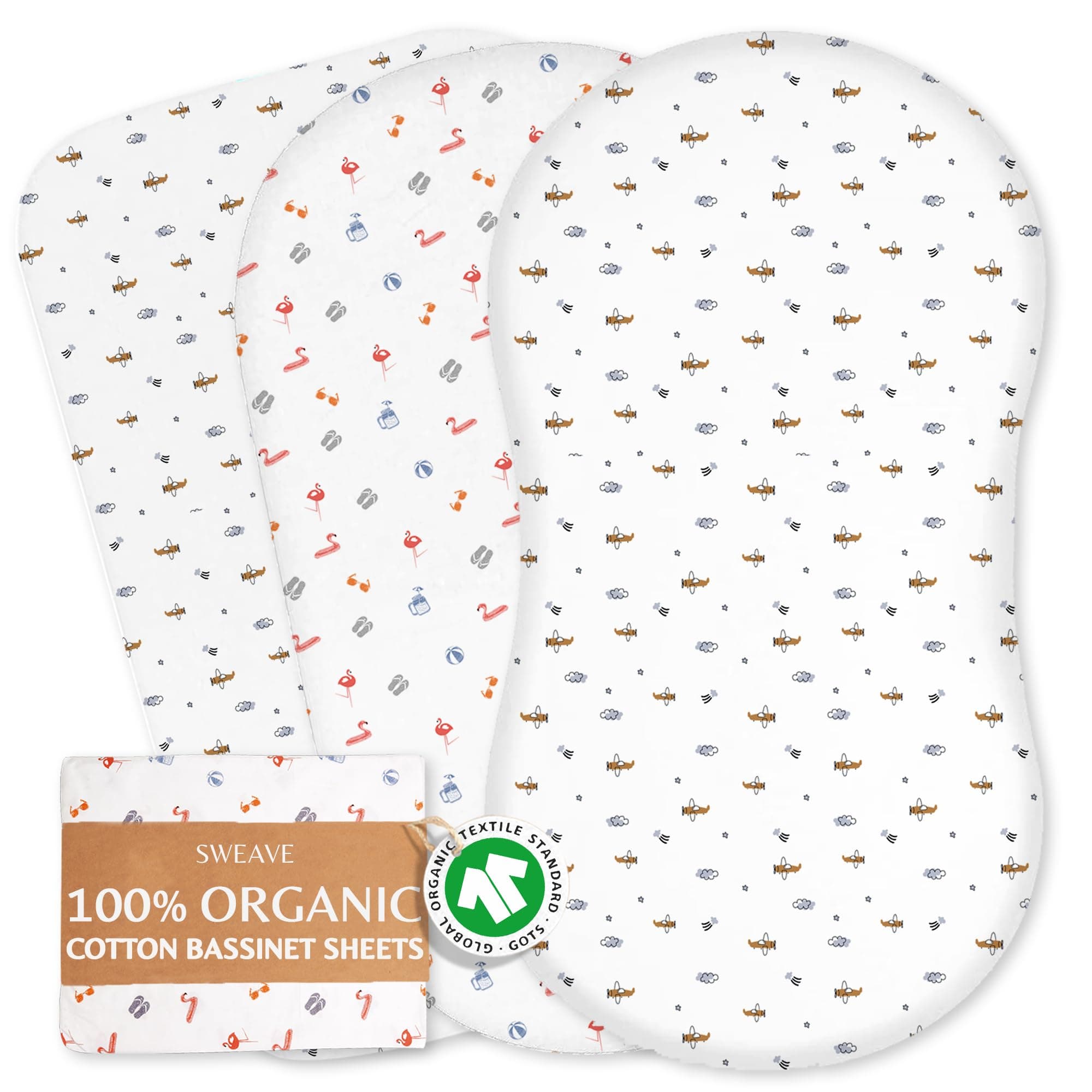 Sweave Organic Moses Basket Sheets Fitted (2-Pack) - 100% GOTS Certified Bassinet Sheets, Breathable Cotton Sheets - Compatible with Moses Baskets and Most Bassinets (84x40 cm)