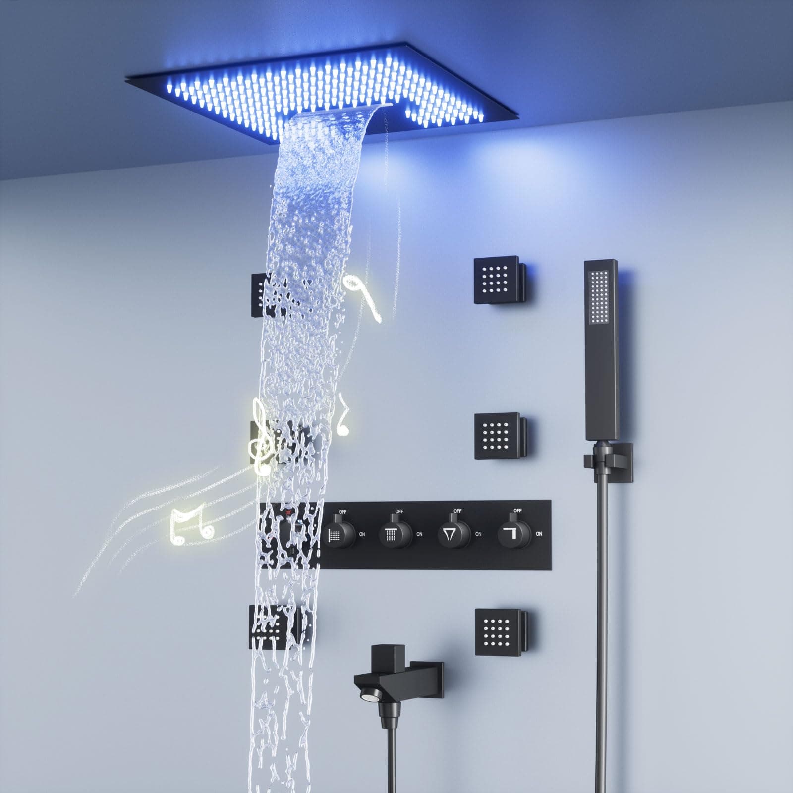 Matte Black Rain Shower System, Smart Thermostatic Shower System Complete Full Body Shower Jets System In Wall, 16 Inch Luxury LED Music Multi Function Shower System with Waterfall Handheld Shower