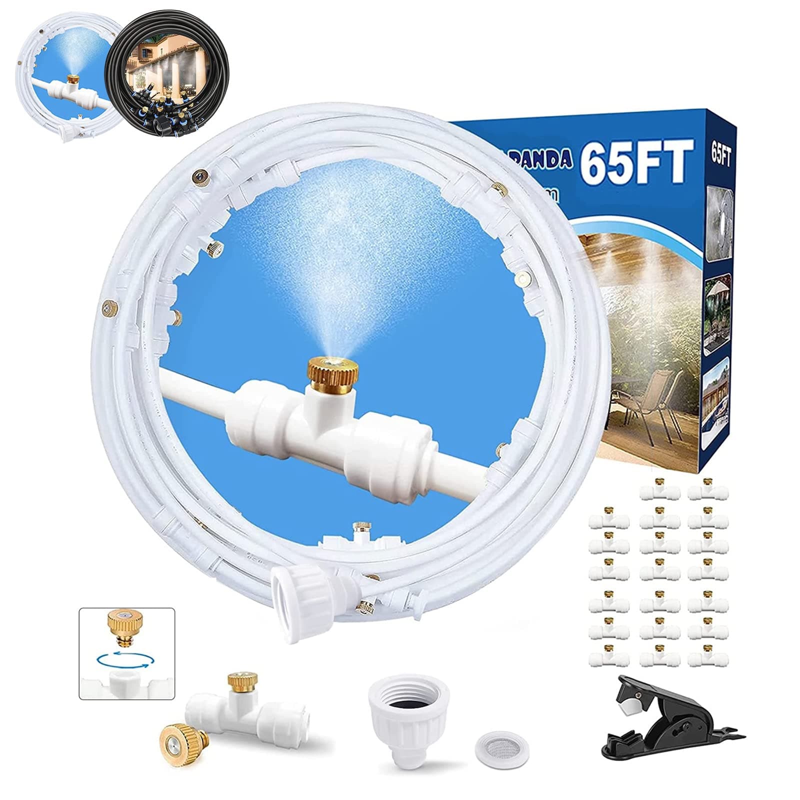 Mister System for Outside Patio, White Misting Kit for Backyard, 65Ft (20M). Outdoor Cooling Mist for Outside Garden, Deck, Umbrella, Canopy, Pool, Porch,Greenhouse, Trampoline Sprinkler, Kids, Park