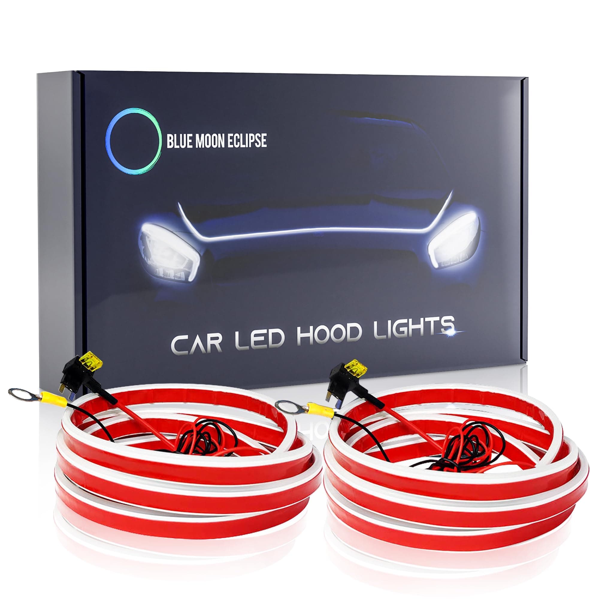 Blue Moon Eclipse 2 Pack 71 inch Car Led Hood Light Strip - Flexible Led Lights for Car That Includes A Mini Fuse Tap & 3/8 Terminal Connector - 12v Exterior Waterproof Daytime Running Lights (White)