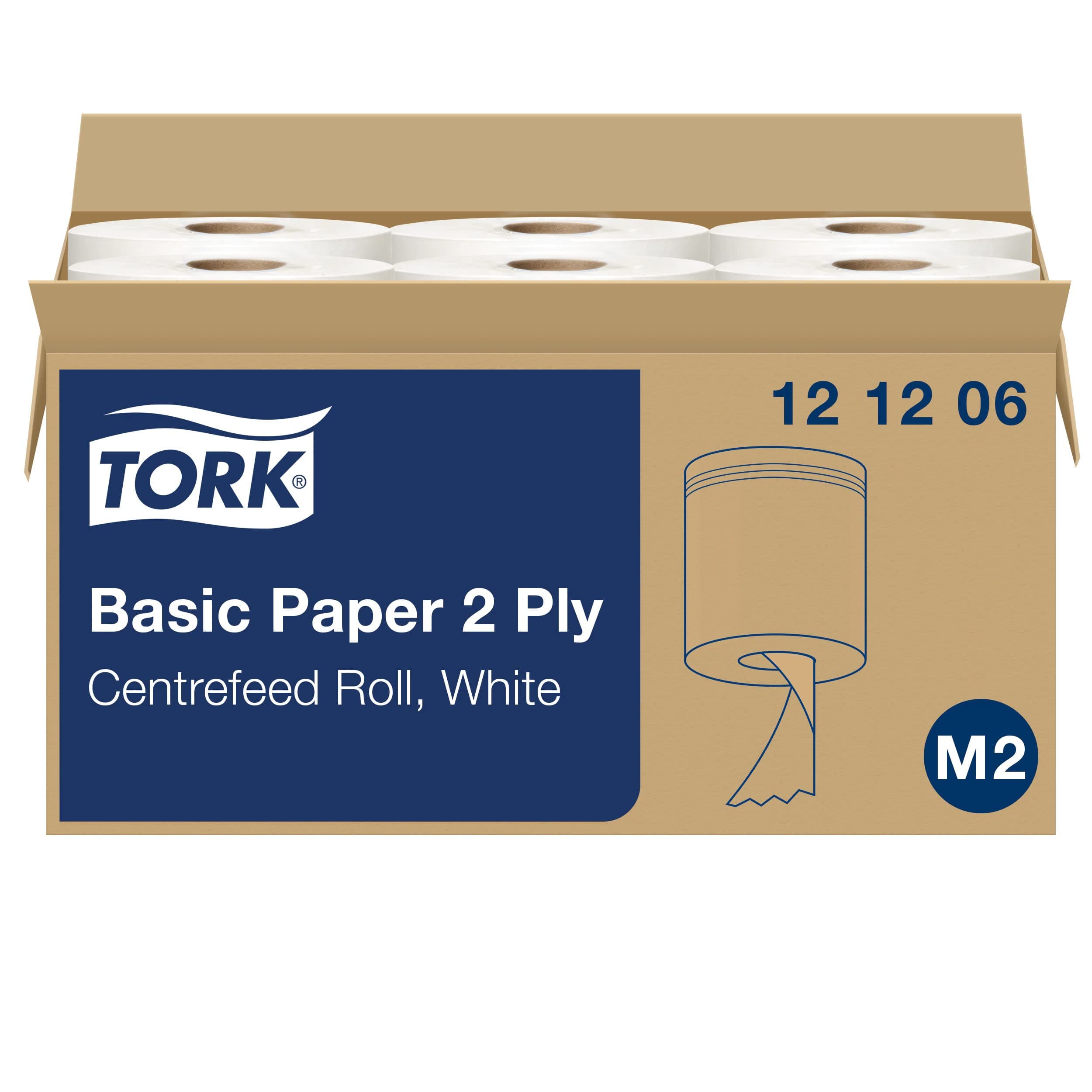 (6 x 160m, Standard, White) - Tork Basic Wiping Paper Roll Compatible with M2 Centrefeed System, 20 x 35cm (6 x 457 Sheets)