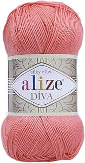 Alize Diva Silk Effect 100% Microfiber Acrylic Sport Yarn 1 Ball skeins 100gr 383yds Color (619 - Coral)