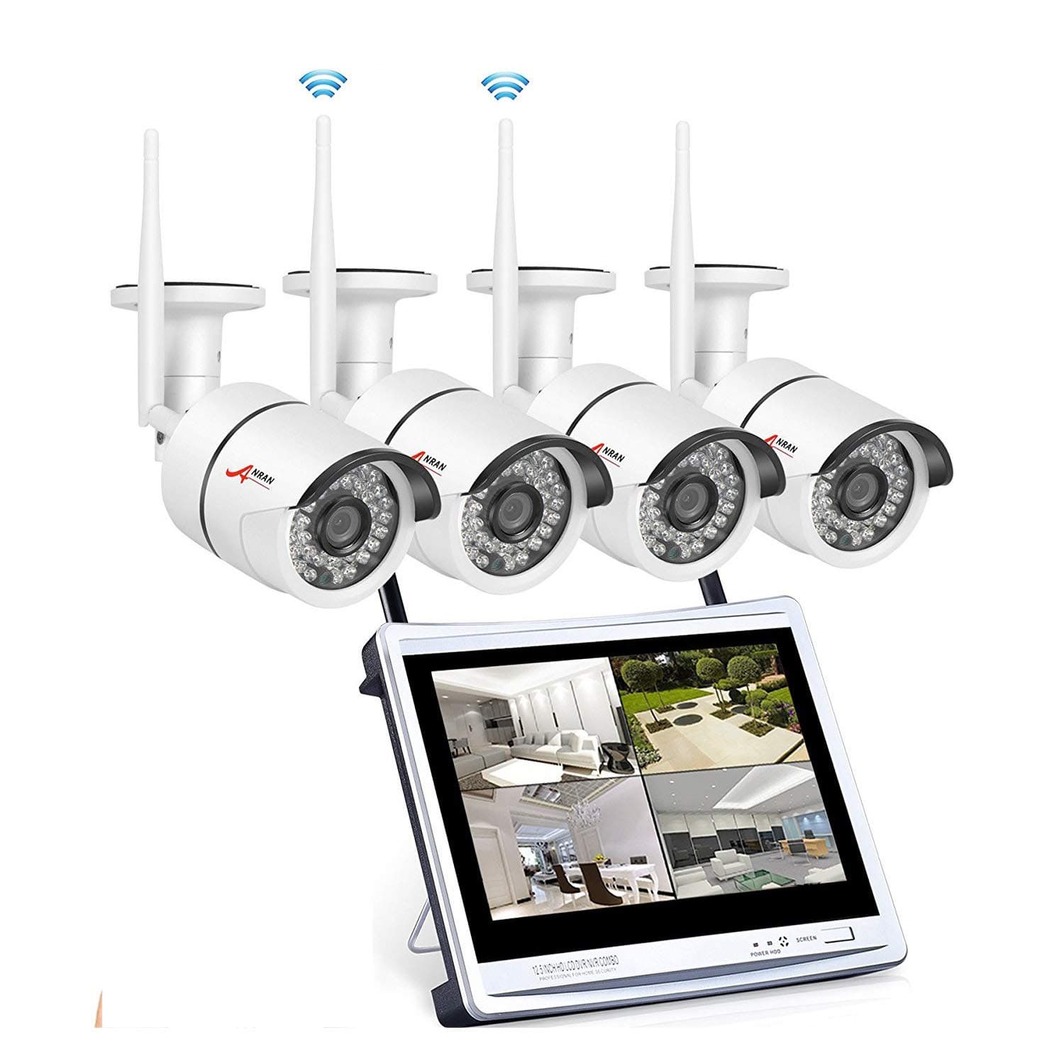 Wireless Security Camera System 960p, ANRAN 4CH 12" WiFi LCD NVR w/ 4 x 2.0 Megapixels Home Surveillance Video Camera System Outdoor IP Network Camera, Night Vision, Free App, No Hard Drive