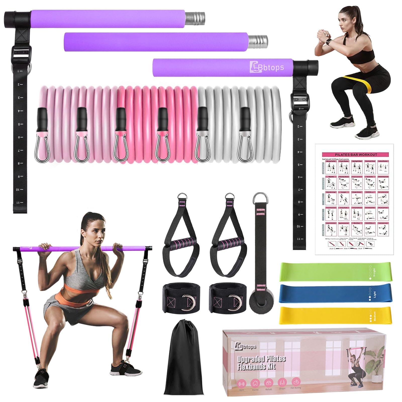 Bbtops Pilates Bar Kit with Resistance Bands,Pilates Bar with Stackable Bands Workout Equipment for Legs,Hip,Waist and Arm,Exercise Fitness Equipment for Women & Men Home Gym Yoga Pilates