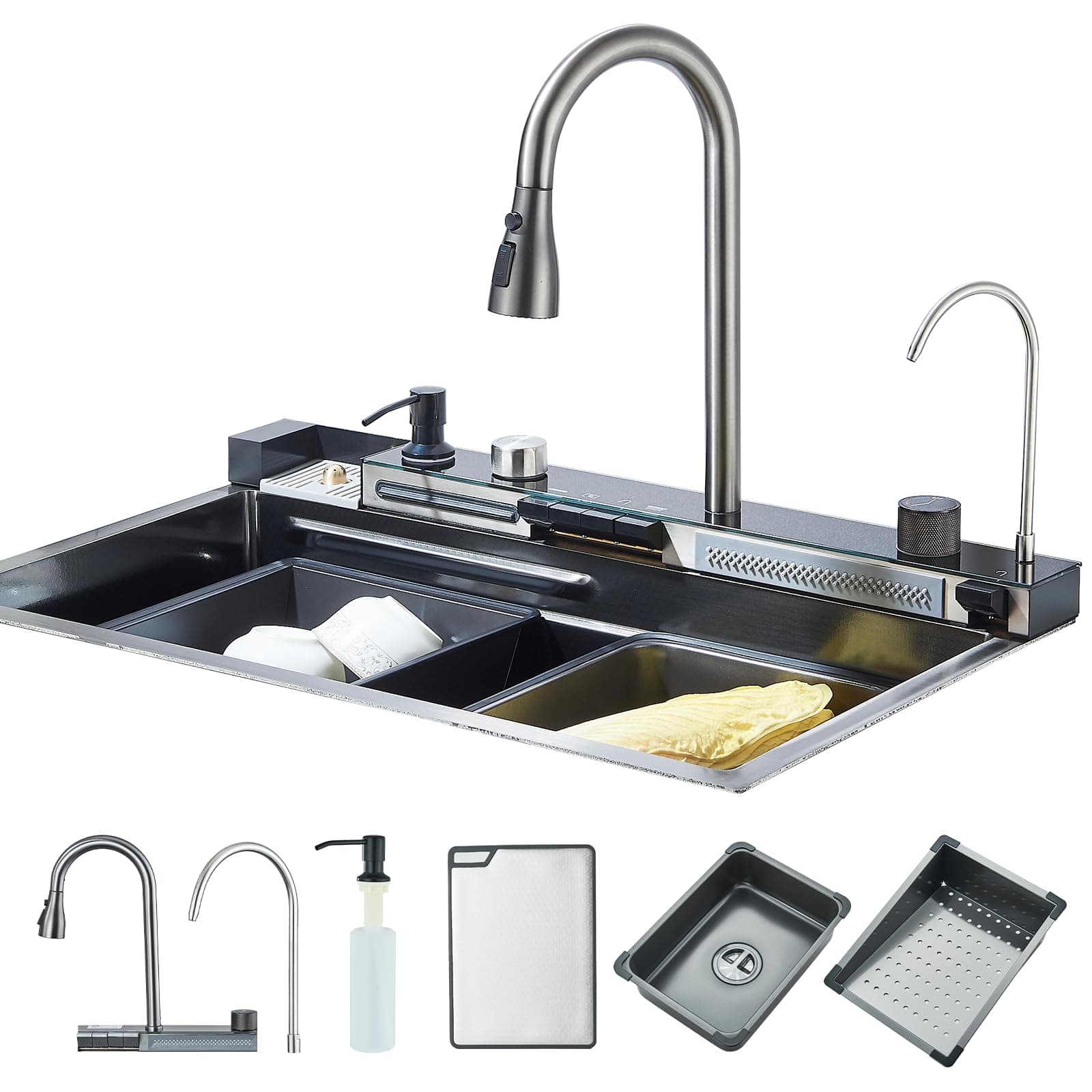 Kitchen Sink Multifunctional Hevenaov Stainless Steel Kitchen Sink Grey with Pull Out Spray Faucet, Cup Washers, Pure Water, Various Accessories, 75x45x21cm